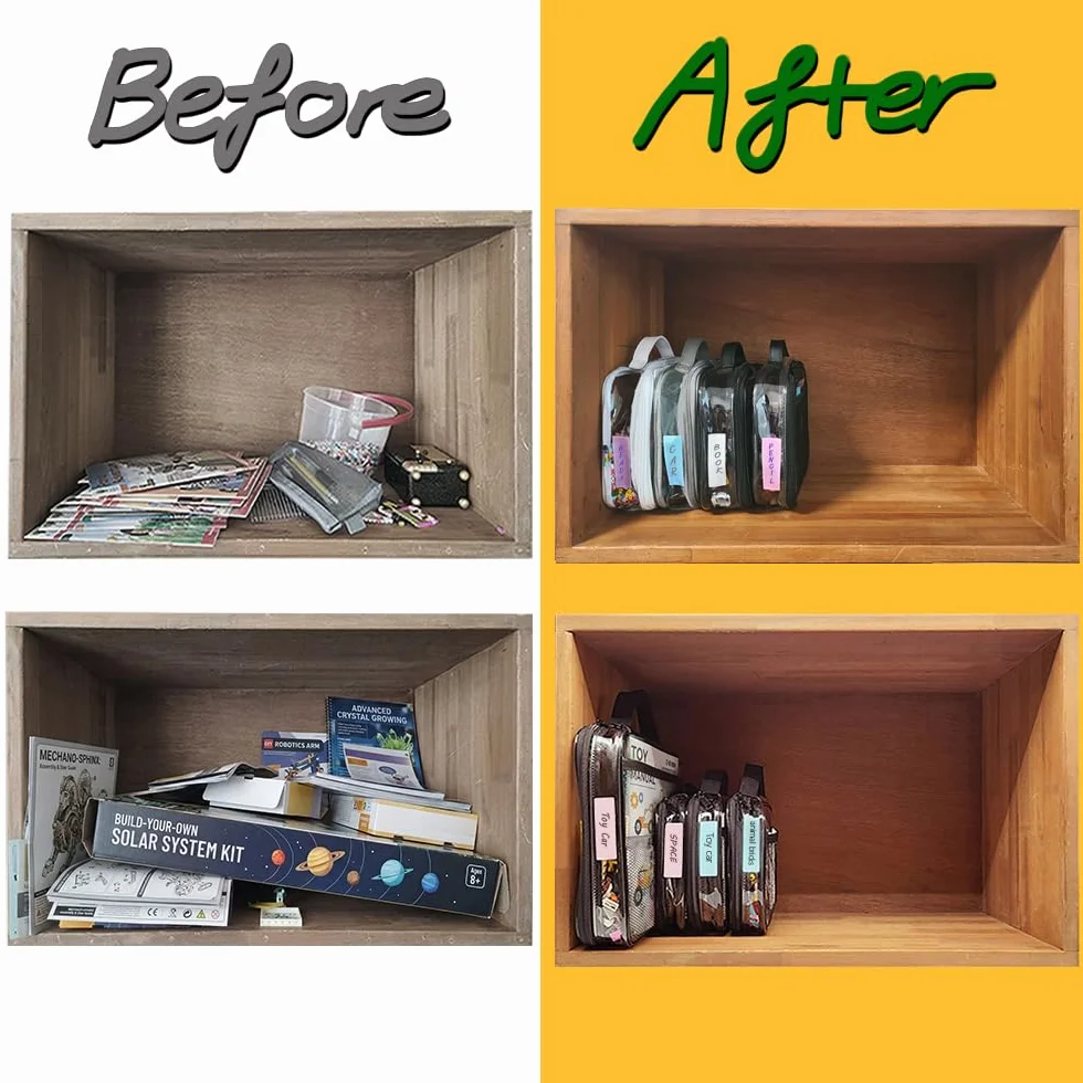 holay Set da 4 Buste Organizer PVC per Giocattoli con Cerniera, Targhetta Nome & Tasca Manuale, Custodia Trasparente per Mattoncini, Plastilina, Giochi da Tavolo, Viaggio (Grigio, Piccolo, Grande)