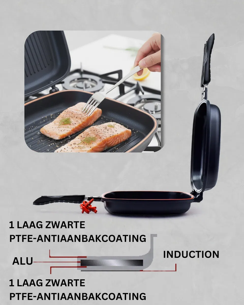 GGS Solingen Padella per griglia double face 38 x 25,5 cm – Made in Germany | Teglia reversibile in alluminio pressofuso | Padella per pesce per induzione, gas, ceramica | Rivestimento
