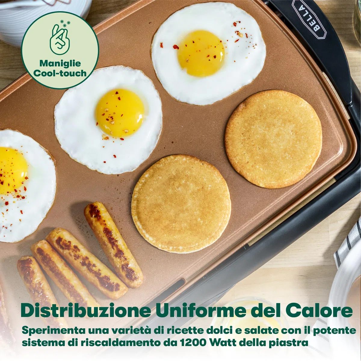 bella Piastra Elettrica con Rivestimento Antiaderente in Ceramica di Titanio, Superficie di Cottura Larga per Cuocere 10 Uova o 6 Pancakes, Sonda Rimovibile e Temperatura Regolabile, 27cm x 50cm, Rame