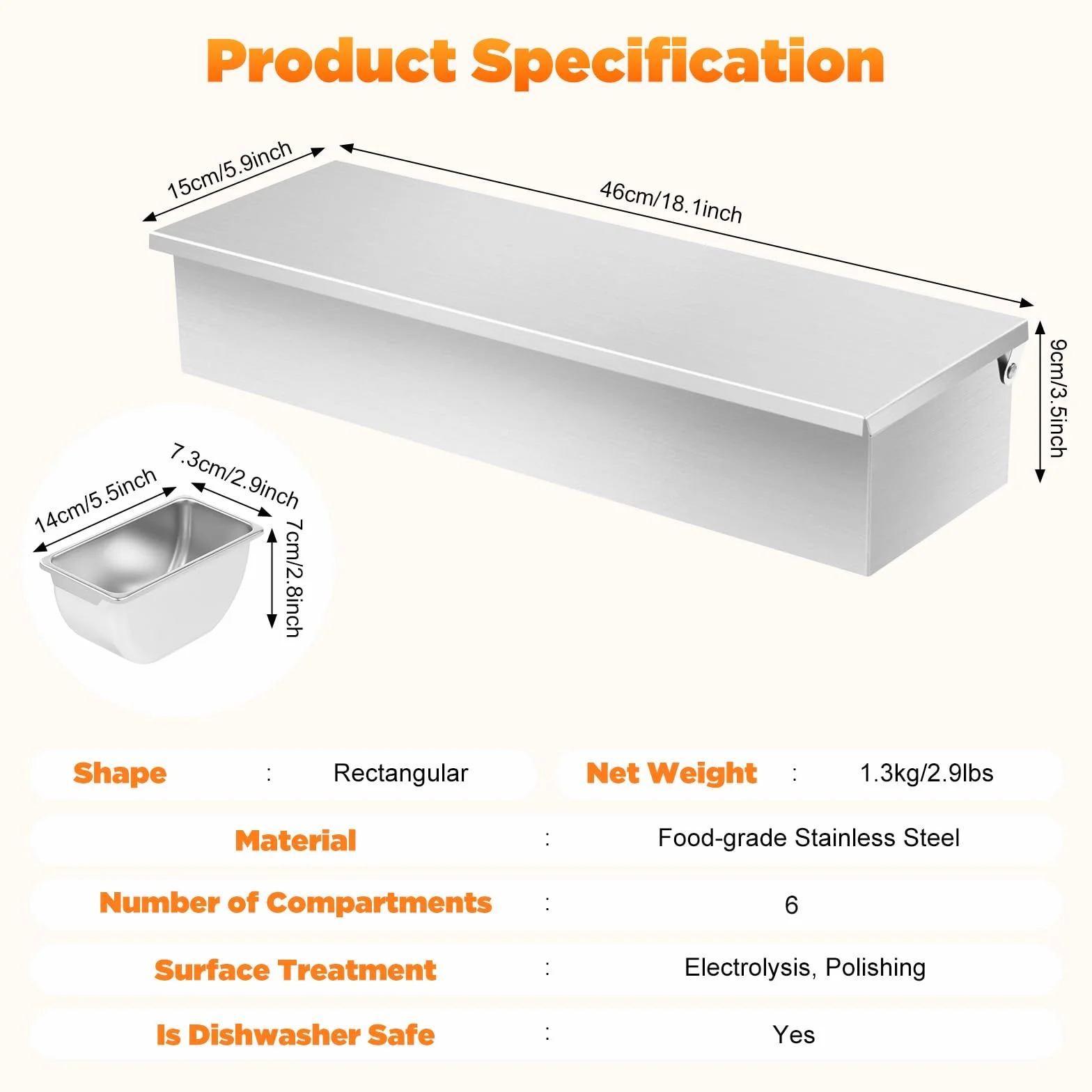 Madelynn Contenitore per ingredienti per pizza, 6 scomparti, in acciaio inox, 46 x 15 x 9 cm, rettangolare, in acciaio inox, design pieghevole, con fondo piatto, per cucine private, ristoranti