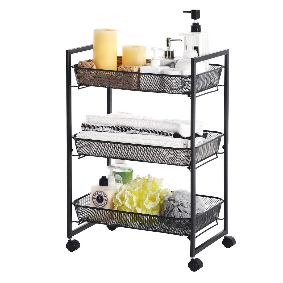 SONGMICS Carrello a 3 Ripiani, Carrello da Cucina e Bagno con Cesti in Filo Metallico, Salvaspazio, Assemblaggio Semplice, Ufficio, Soggiorno, Nero BSC061B01