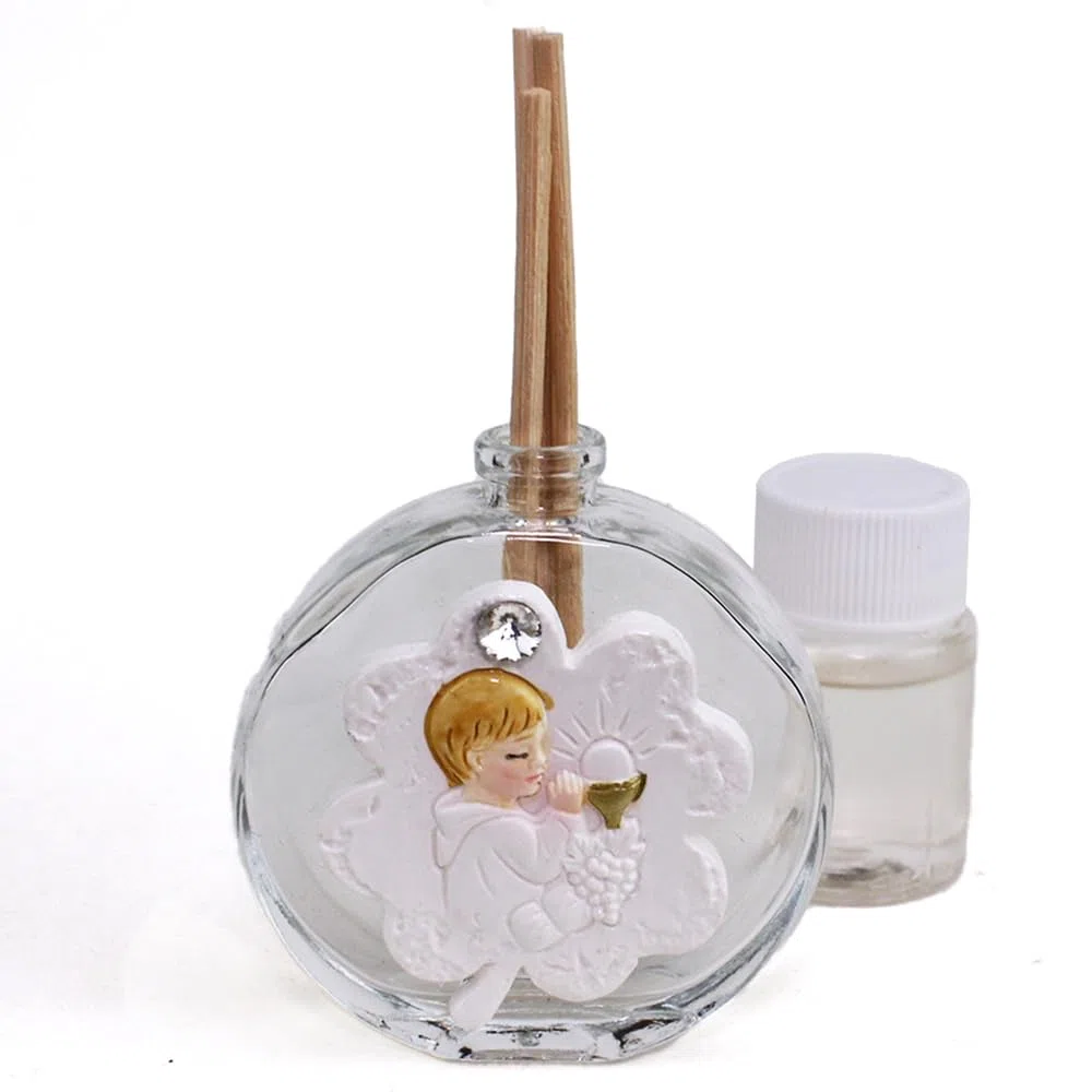 DLM-A481 Bomboniere 12 Profumatori in vetro linea Quadrifoglio portafortuna Bimbo Calice Comunione Grappolo d'uva e spighe di grano 12 profumi e 12 scatole Comunione bambino cm 7x6 da 50 ml