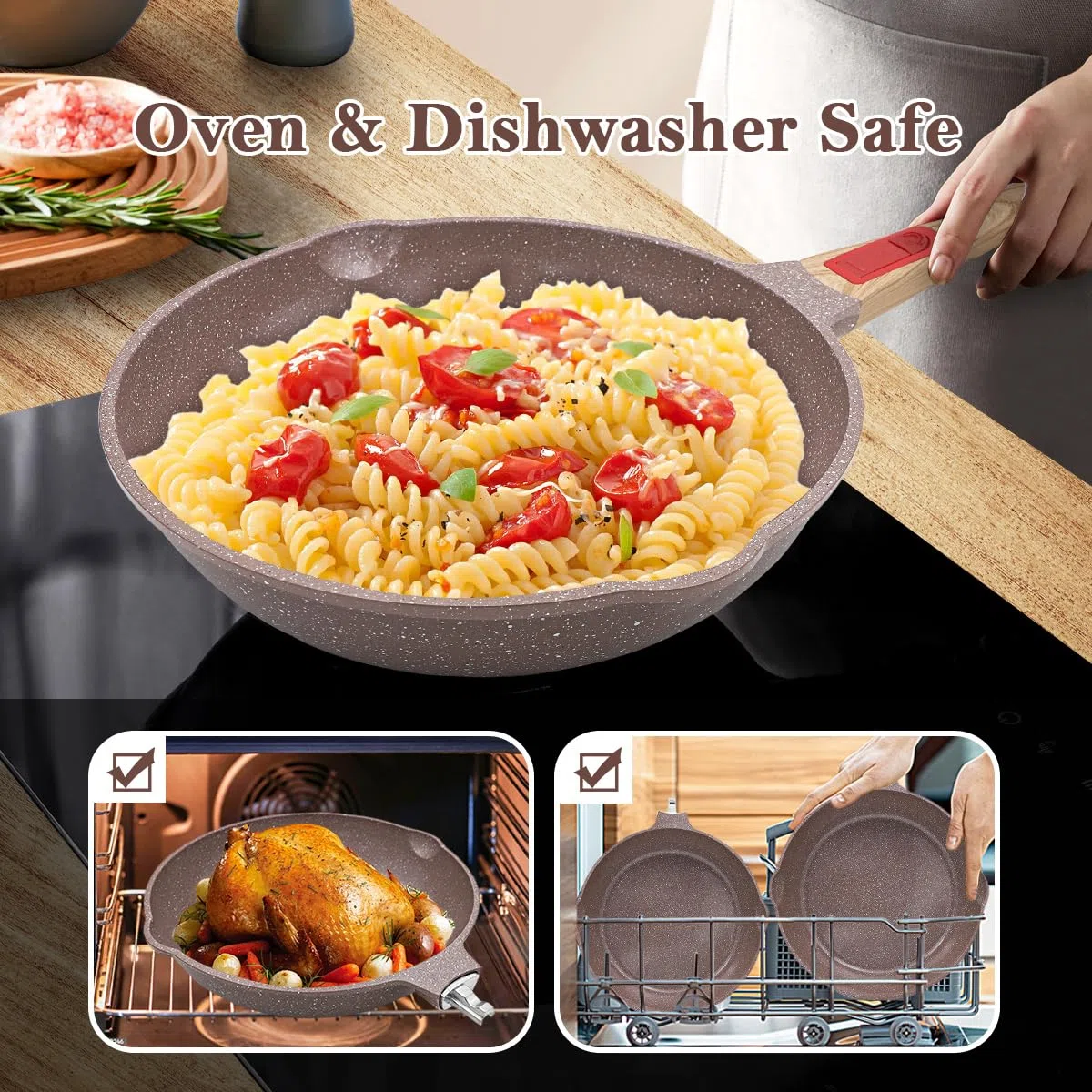AIKENBBKK padella in ceramica, set di 3 padelle 26/28 cm con manico rimovibile, set di padelle con rivestimento in ceramica, resistente al forno, lavabile in lavastoviglie