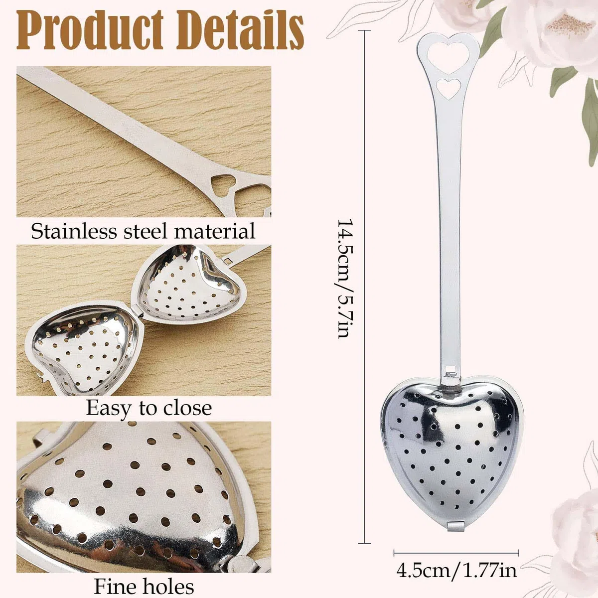 50 Infusori per Tè in Acciaio Inox Con Impugnatura Lunga, Filtro Sfuso per Foglie a Forma di Cuore, Ottimo Regalo per Gli Amanti