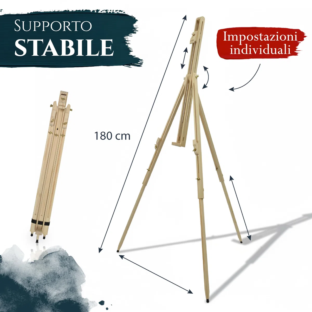 Artina Cavalletto Pittura da Campagna Malaga per artisti pittori Accademia Belle Arti Legno massello di Pino Portatile Stabile e Robusto - Cavalletto per dipingere e disegnare Professionale da Studio