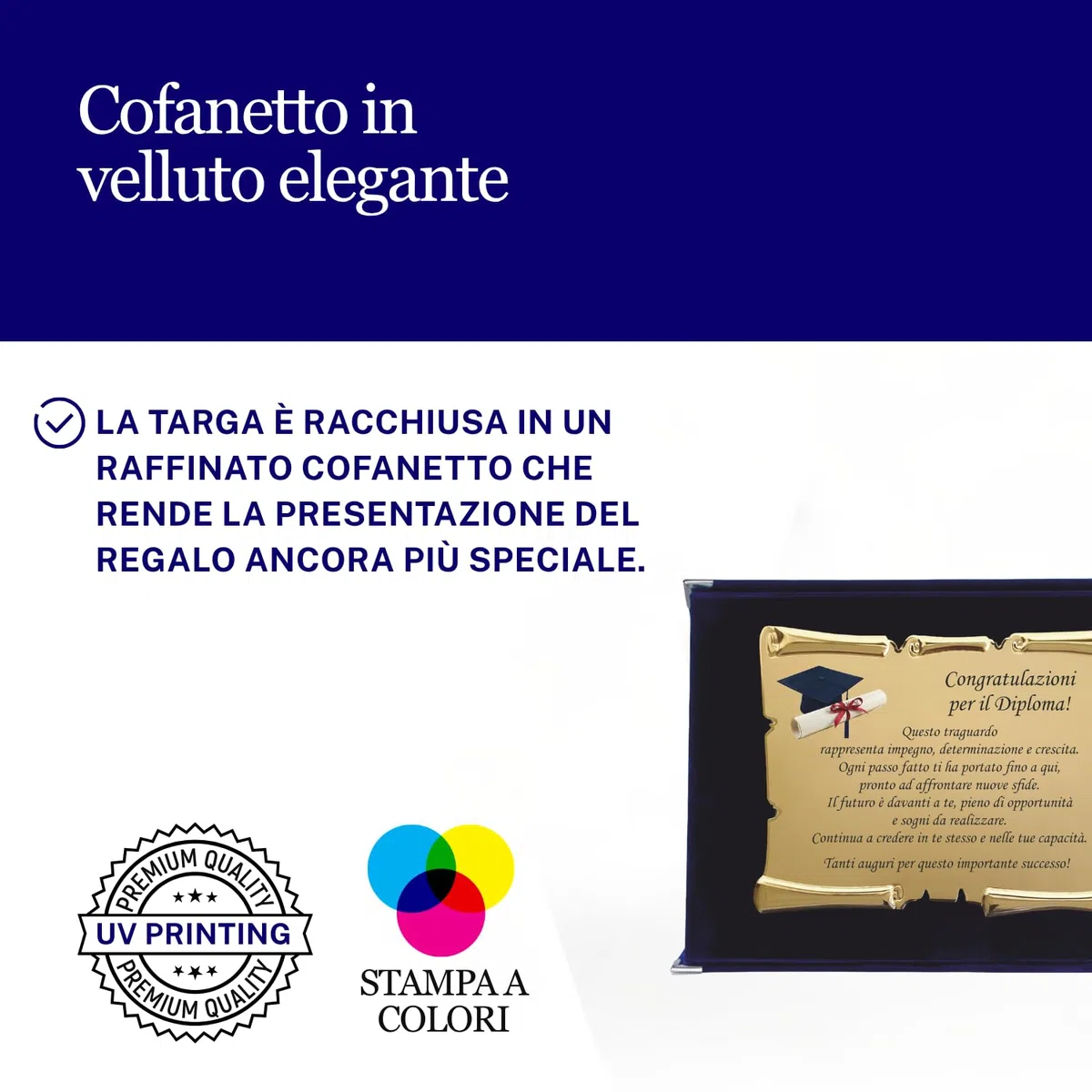 Targa Diploma con Pergamena in Cofanetto Velluto – Idea Regalo Diploma – Targa Celebrativa con Dedica – Ricordo Elegante per Diplomato e Diplomata (Blu)