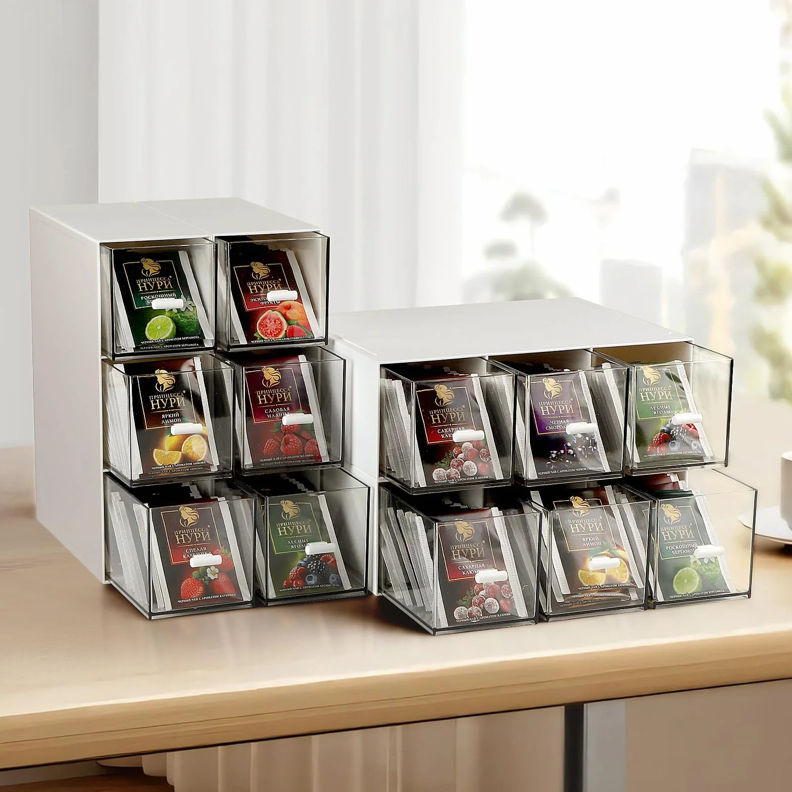 efuturetime 4 Pezzi Scatola da Tè con Cassetti 22,6x16,5x7,7cm Porta Tisane Bustine di Plastica Impilabile, Contenitore per Bustine di Tè per Capsule di Caffè, Infusi, Bianco