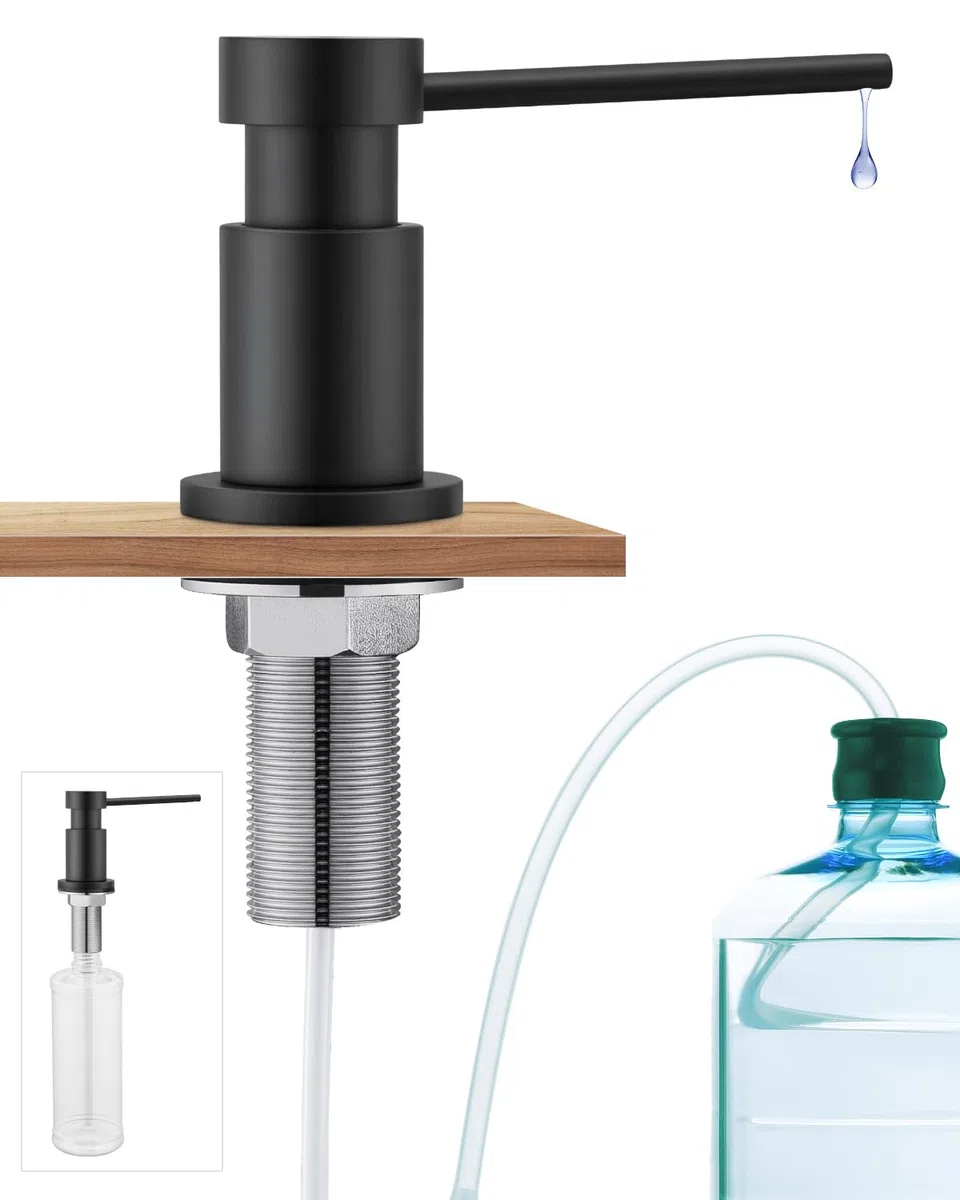 Dispenser di Sapone per Cucina e Bagno, Dosatore Sapone Cucina Durevole con Dadi in Acciaio Inox 304(senza Plastica), Bottiglia da 300ml e Tubo in Silicone di Estensione da 1,25m, Nero