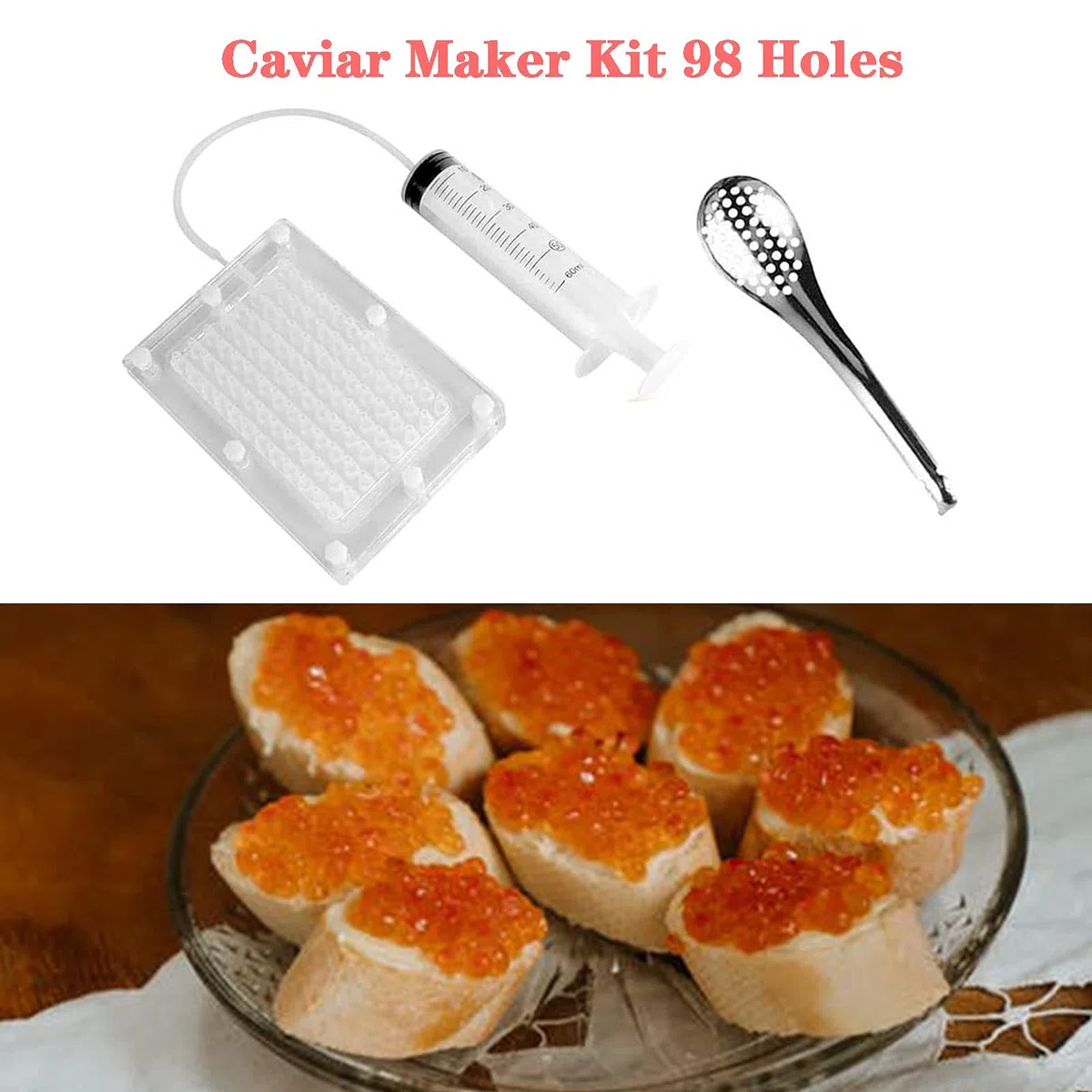 Caviar Maker Acrilico, 98 Fori Builder con Tubo e Cucchiaio, Spherification Tool Kit per Creatore di Caviale per Cucina Molecolare Semplice e Gustosa