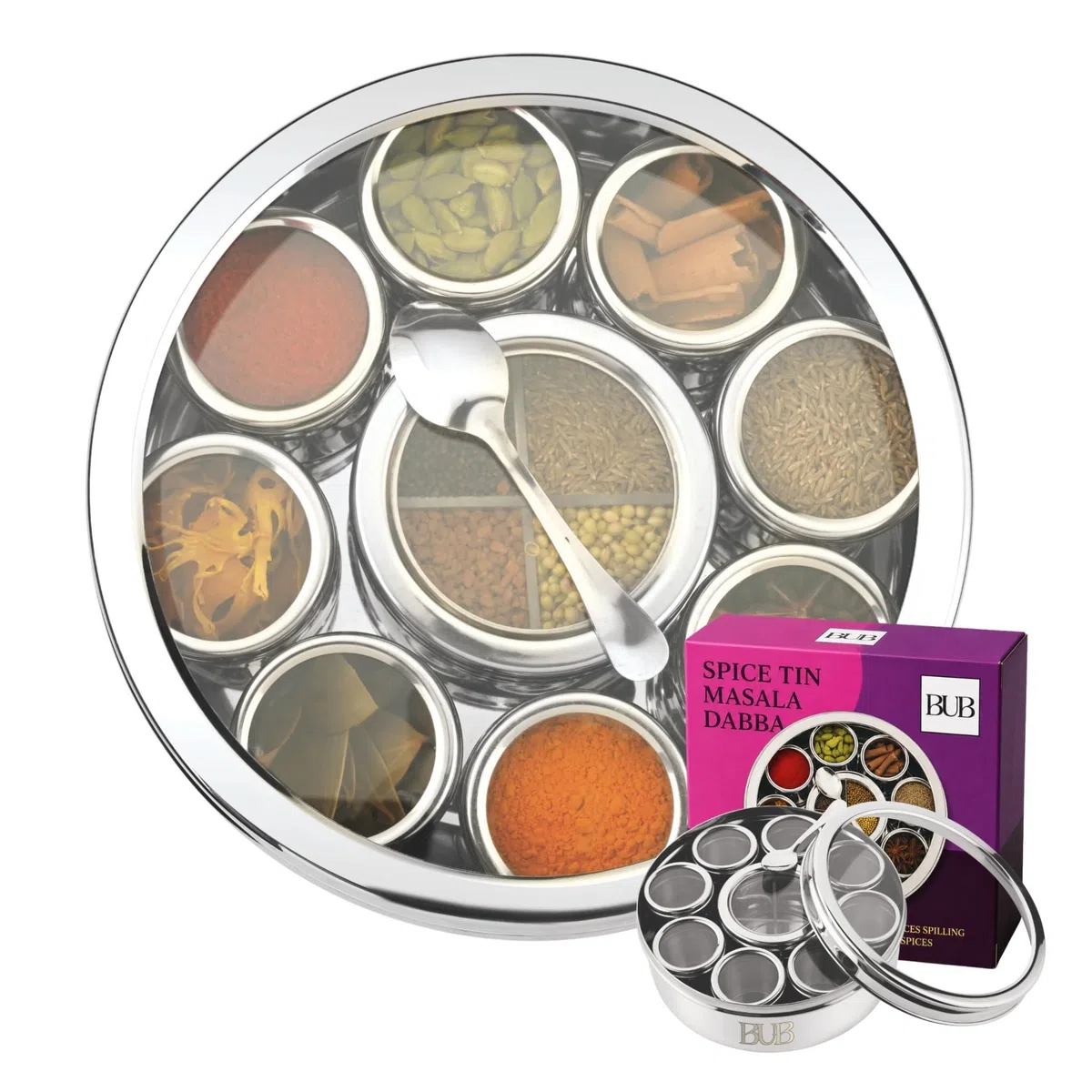 Bub: Masala Dabba - Contenitore per spezie grande da 22 cm, 9 barattoli per spezie con coperchi singoli, contiene 12 spezie, in acciaio inox lucido, con cucchiaio da portata e coperchi in acrilico