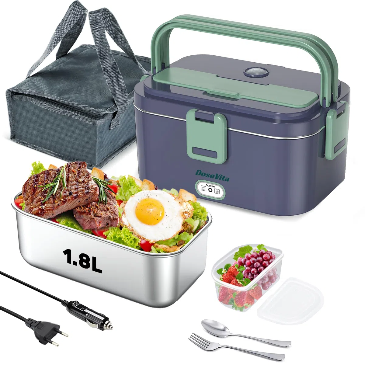 Scaldavivande Elettrico Portatile 80W 3 in 1 per Auto Camion e Ufficio 1,8L Scaldavivande Porta Pranzo con Spazzola di Spugna Forchetta e Borsa (Blu Royal)