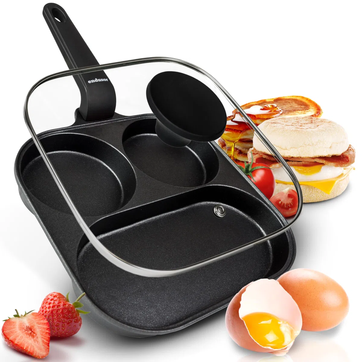 endusor Padella pancake uova bacon e verdure - 21cm padella per pancakes antiaderente con coperchio | Per Fornelli a Induzione Gas Ceramica Elettrici | Piastra Uova Frittata Muffin Bacon Burger