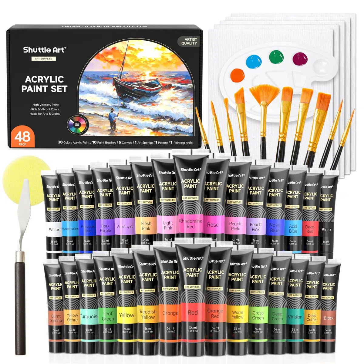 Shuttle Art Colori Acrilici per Dipingere 48 Pezzi, Set Pittura da 30 Colori(36 ml) con 10 Pennelli, Spatola, Spugna, Tela, Tavolozza, Acrylic Paint per Artisti Principianti Bambini, Non-Tossico