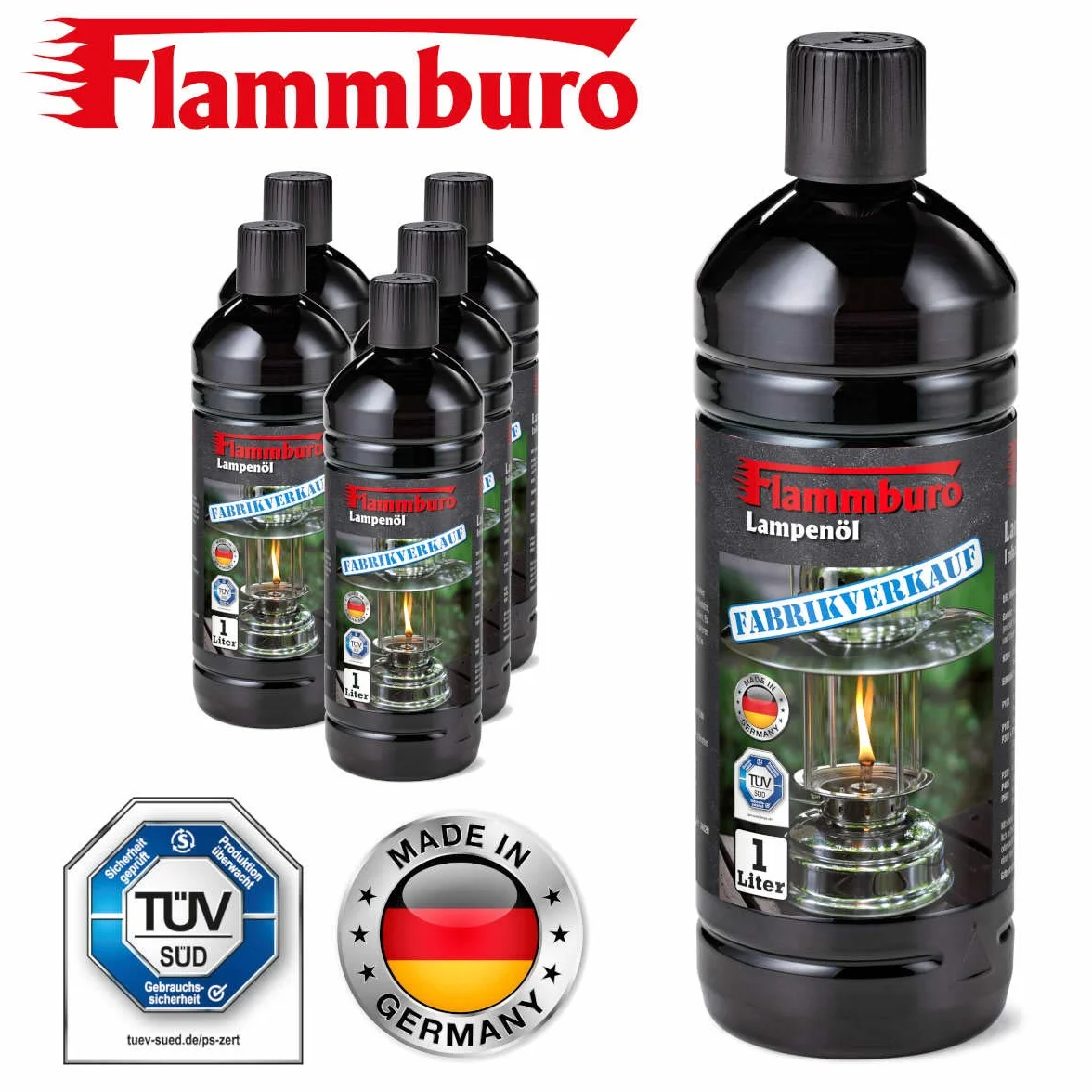 FLAMMBURO 6 Litri di Olio per lampade a Olio, lampade a Petrolio, torce da Giardino, Candele a Olio, Candele a Olio – 6 x 1 litro = 6 Litri