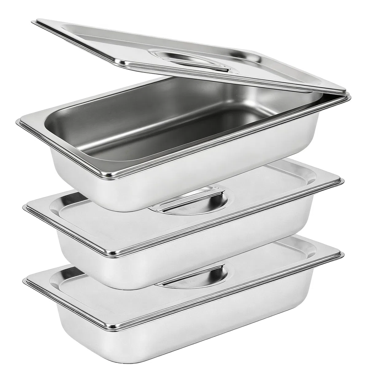 Juego de 3 Cuencos para Empanar, de Acero Inoxidable con Tapa, Recipiente GN 1/3, 32,5 x 17,5 x 6,5 cm, para Comida Caliente y Fría, Sartén de Hotel