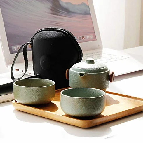 Set da tè Portatile Verde Fatto Un Mano 'Ufficio di Viaggio della Tazza della Tazza del Coperchio della Teiera di Ceramica di Stile Giapponese