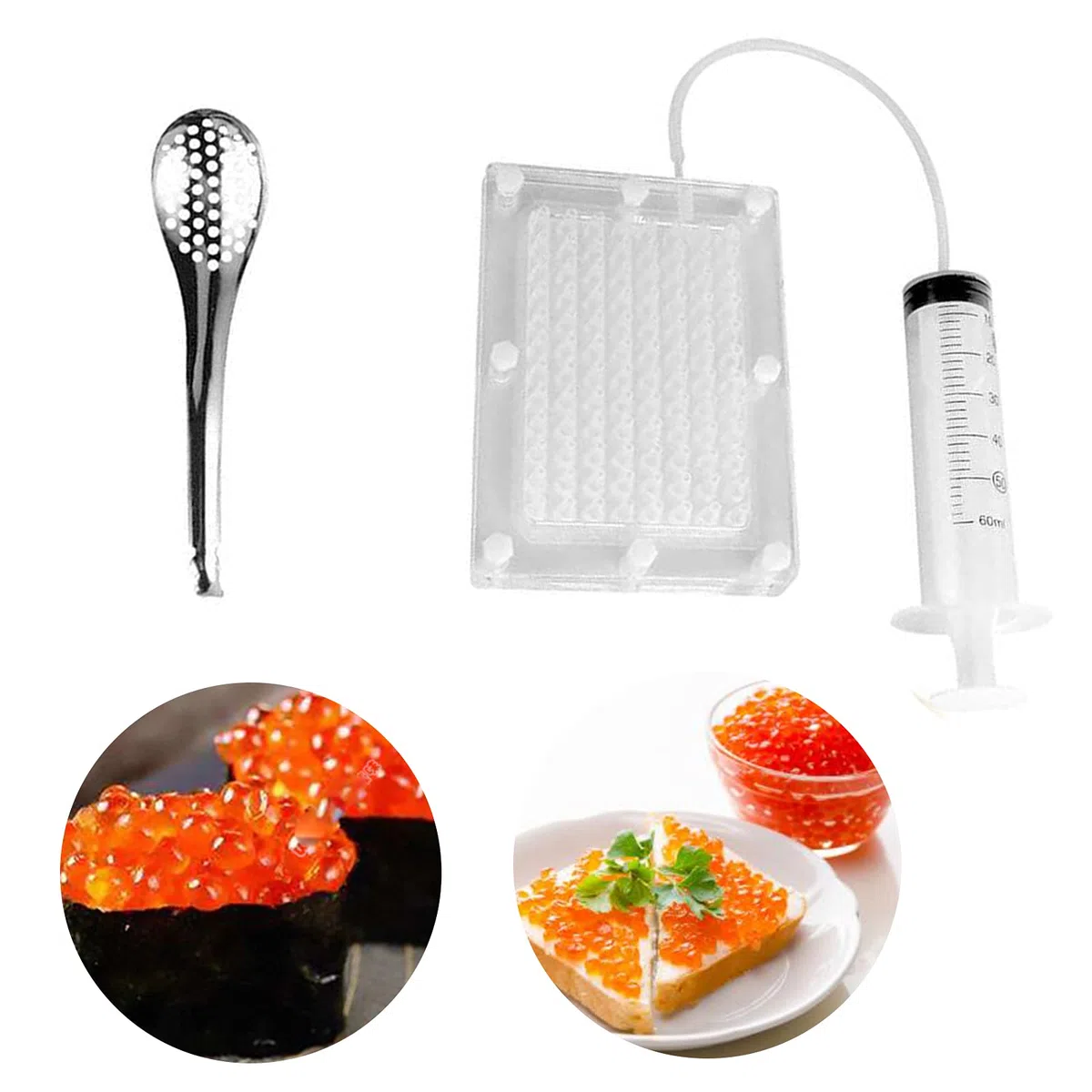 Caviar Maker Acrilico, 98 Fori Builder con Tubo e Cucchiaio, Spherification Tool Kit per Creatore di Caviale per Cucina Molecolare Semplice e Gustosa