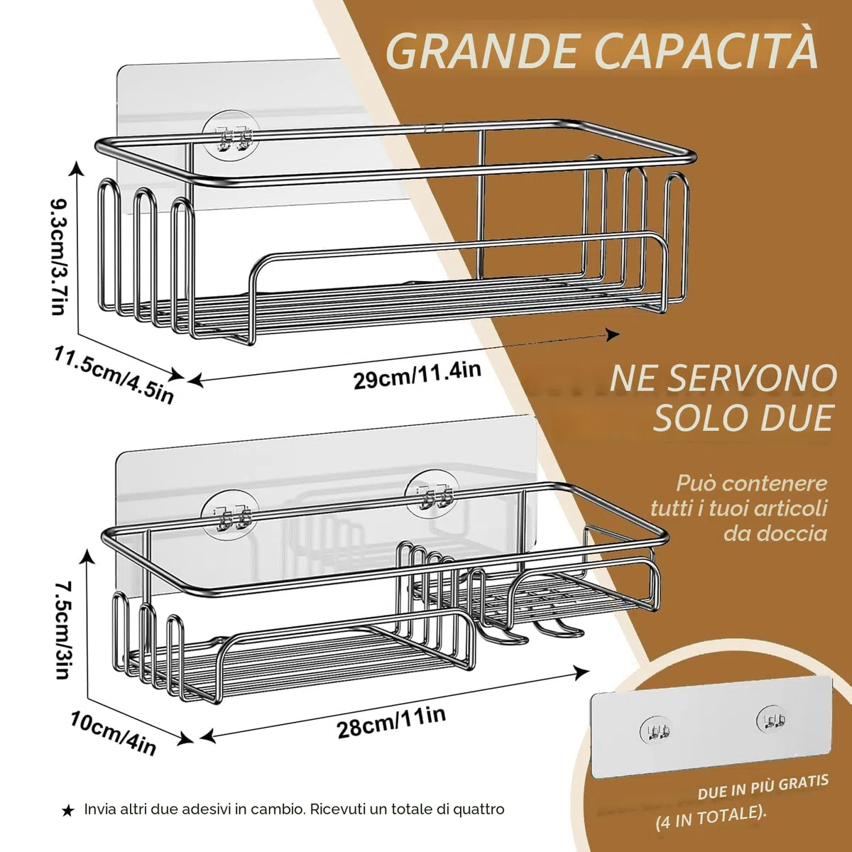 Meltrck Mensola Doccia Senza Foratura - 2 Pezzi Mensole Bagno - Resistente alla Ruggine Porta Bagnoschiuma da Doccia Adesivo,Argento