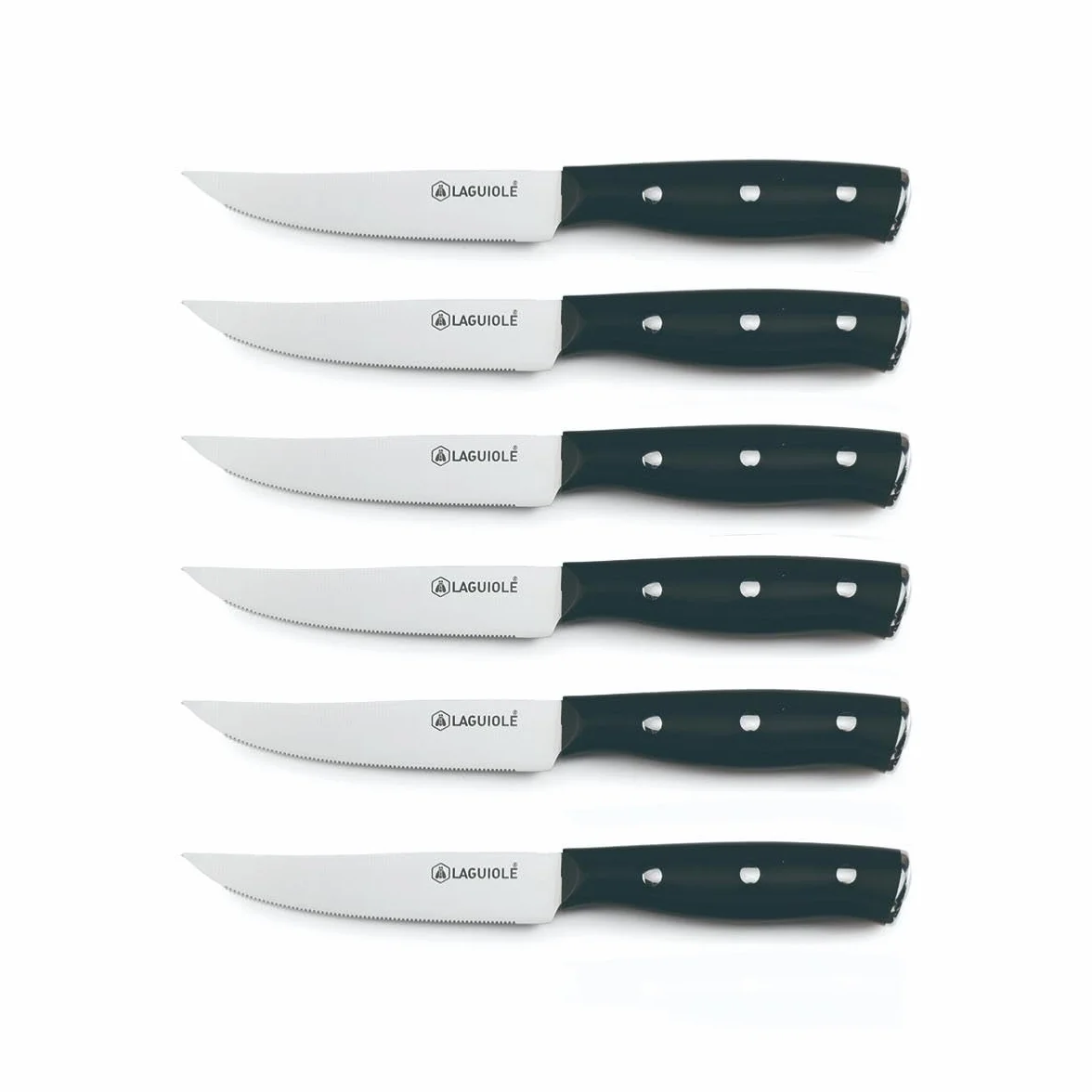 LAGUIOLE, Set 6 Coltelli Bistecca 'Gleam' Neri - Lama in Acciaio 3CR13, Manico ergonomico in ABS, Eccezionale Nitidezza, Durezza 53 HRC, 22,3 cm, Finitura a Specchio, Nero