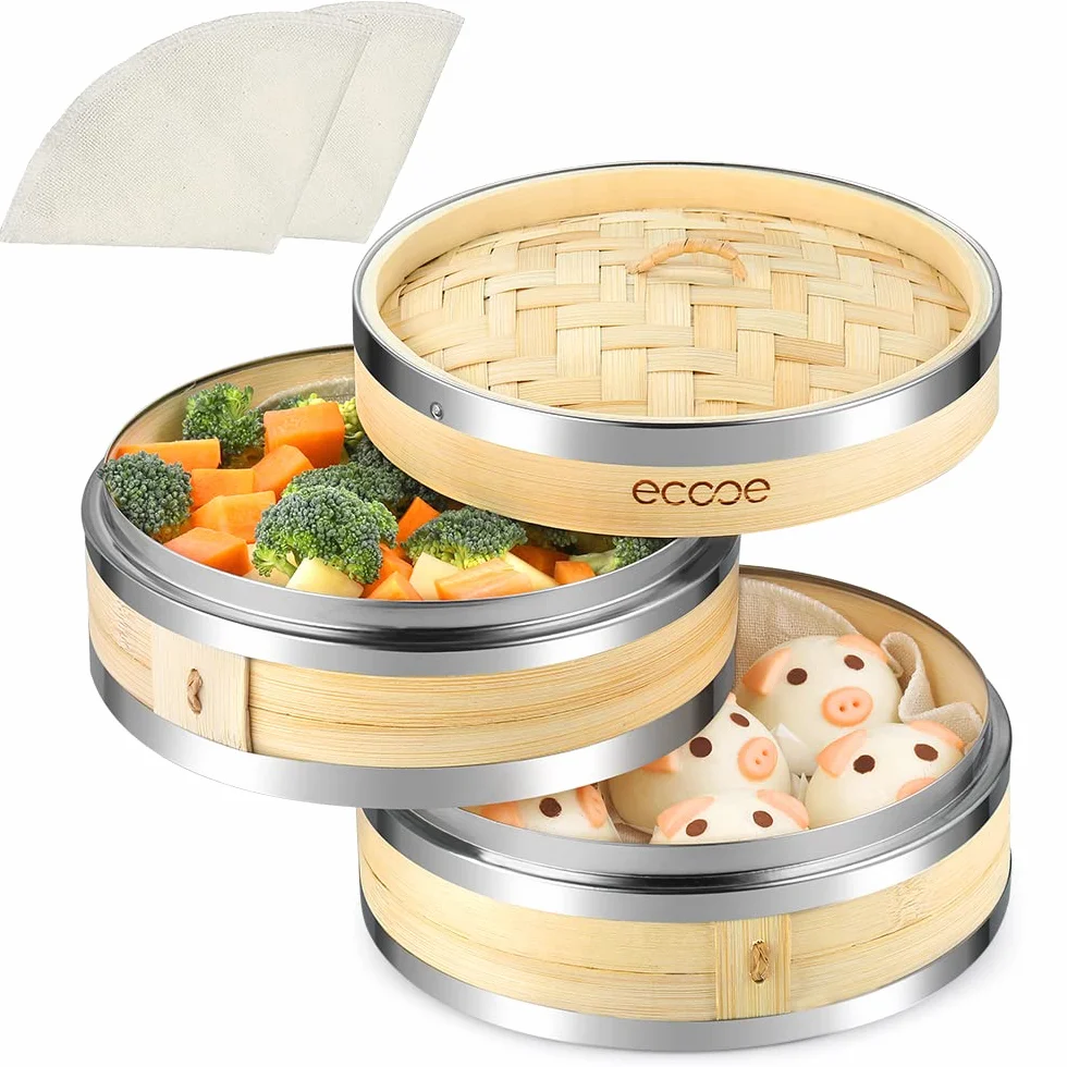 ecooe Cesto a vapore in bambù con 2 panni in cotone, vaporizzatore bambù per verdure, dim sum, pesce e carne (diametro 20 cm)