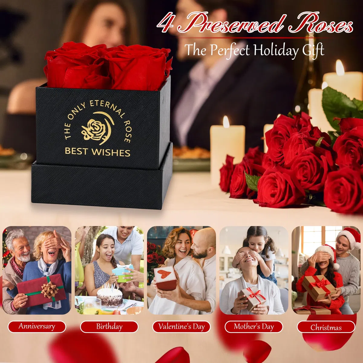 Confezione Regalo con Rosa Eterna, 4 Rose Eterne Rosse Fiore San Valentino Festa della Mamma Anniversario Regali di Compleanno Romantici per Moglie Sorella Mamma Donne