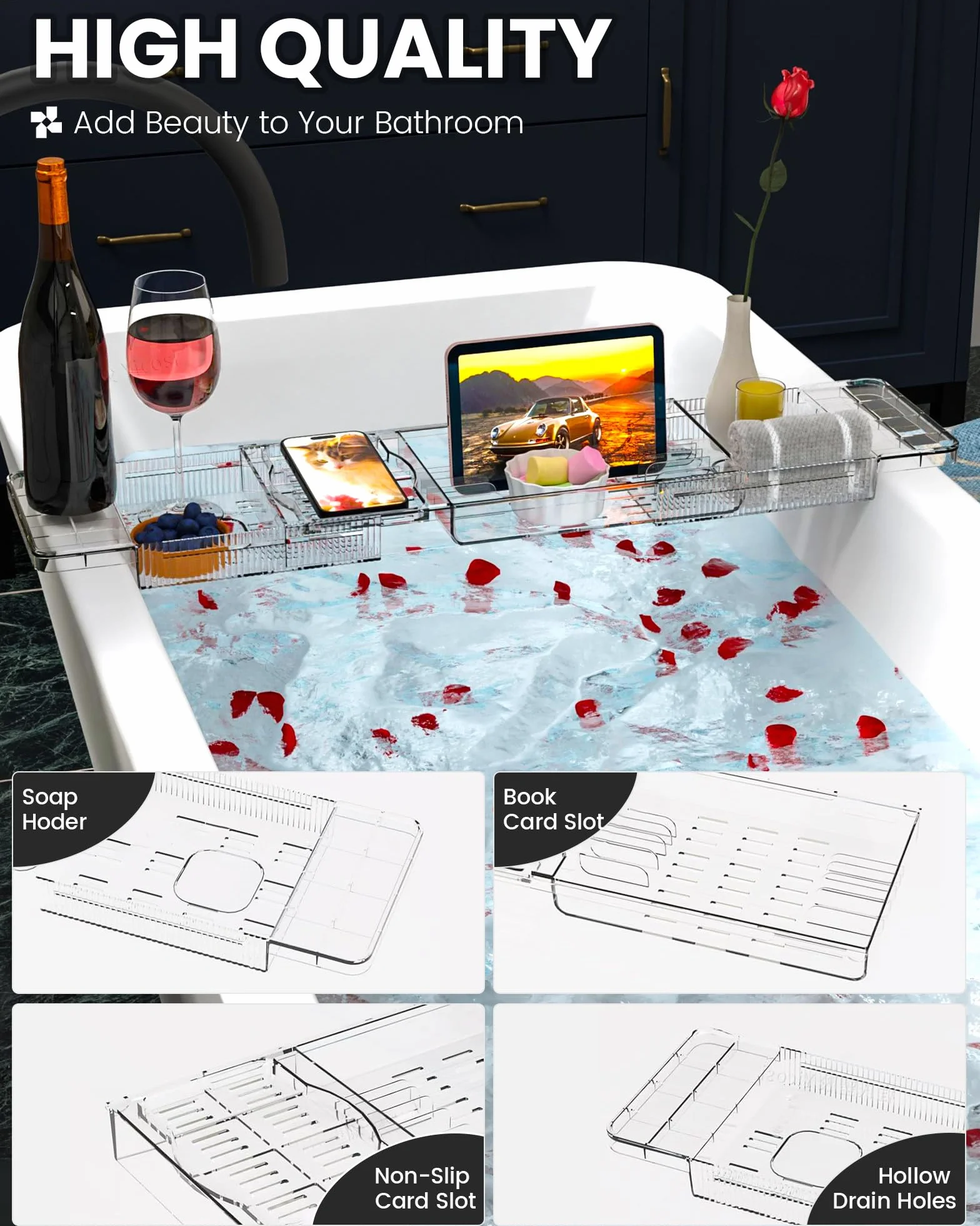 Vassoio vasca da Bagno in Acrilico, Vassoio per Vasca da Bagno Estensibile, Mensola Vasca da Bagno per Contenere iPad, Bicchiere di vino e Libri, vassoio Bagno Trasparente, Accessori Vasca da Bagno