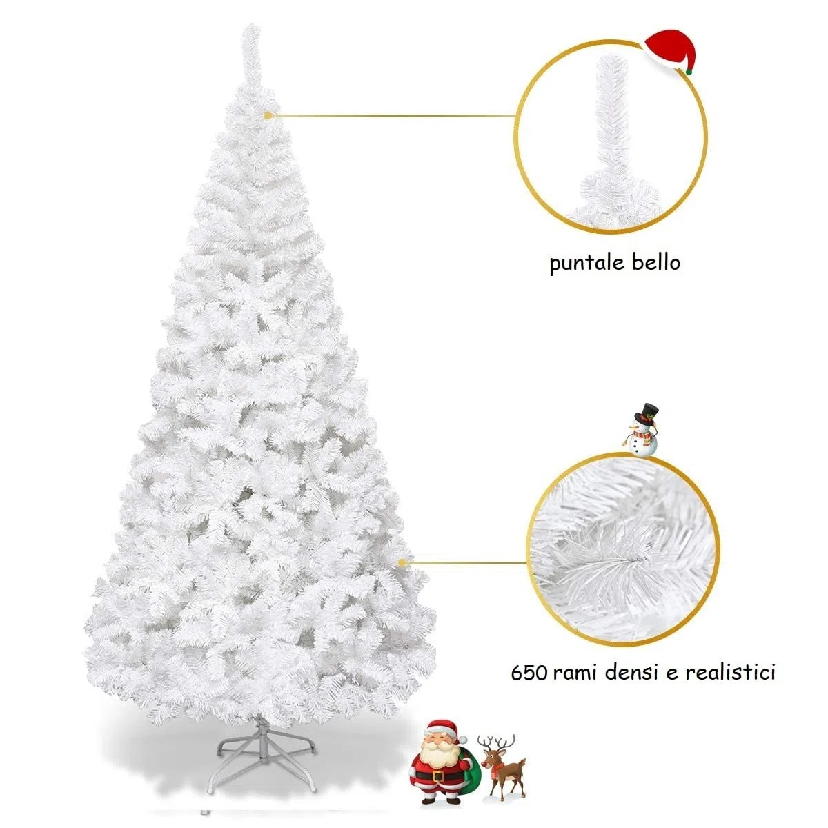 COSTWAY Albero di Natale 150/180/210/240 cm, Albero di Natale Bianco con 350/650/950/1138 Rami in PVC e Supporto in Metallo, Albero di Natale Artificiale per Casa, Ufficio e Negozio (180 cm)