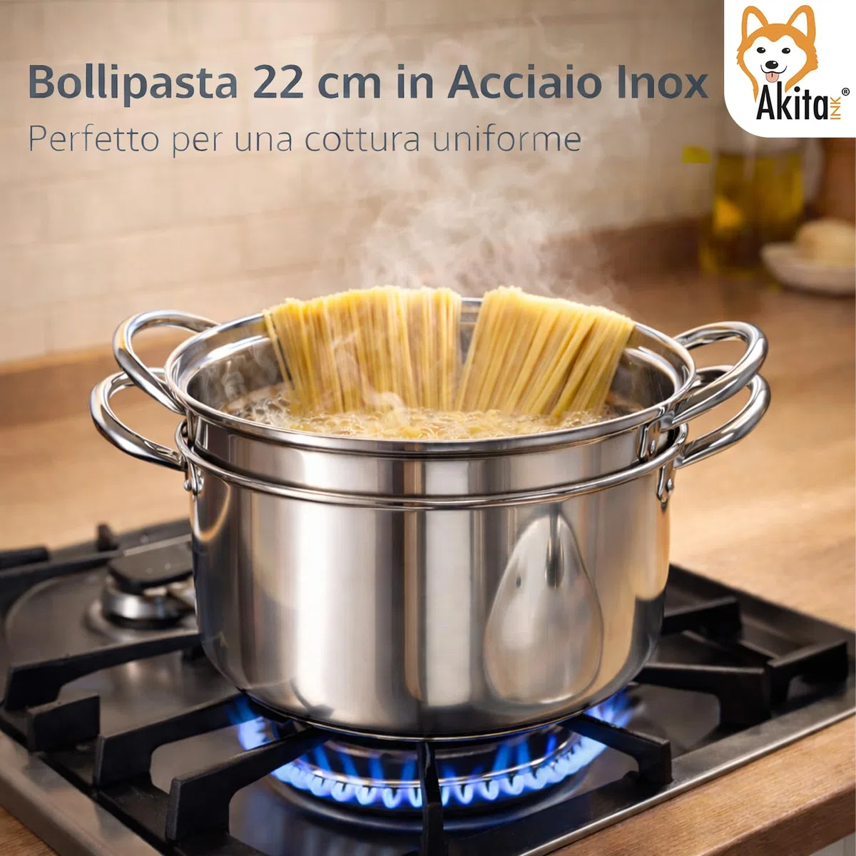 AKITAInk Bollipasta 22 cm in Acciaio Inox con Cestello e Coperchio in Vetro Temperato, Pentola per Pasta con Fondo Termodiffusore e Scolapasta Integrato