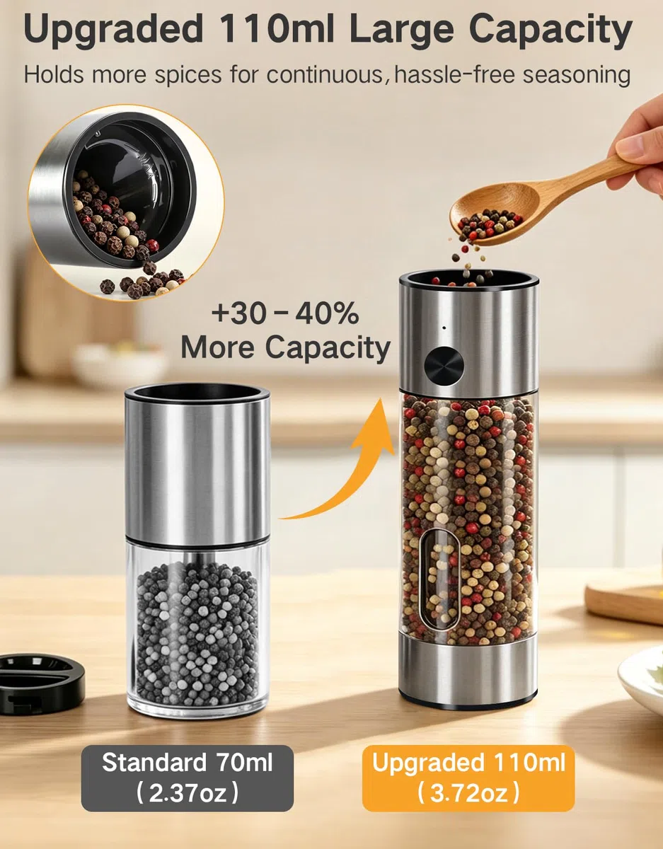 Molino Eléctrico Sal y Pimienta Recargable Set de 2 Piezas 110 ml Base de Carga USB-C Luz LED Grado de Molienda Ajustable Automático Ideal Regalo Cocina y Hogar