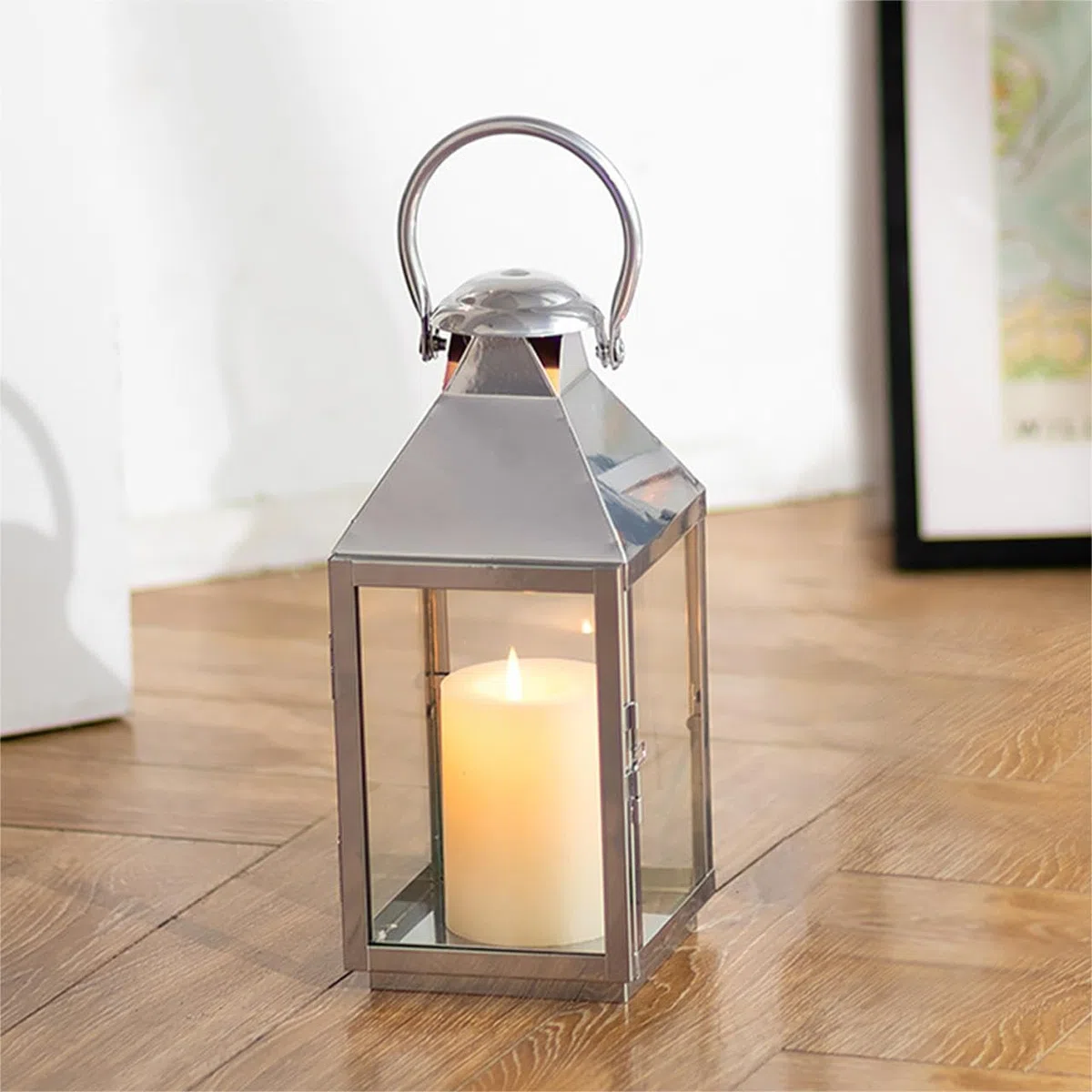 NUPTIO Lanterna Cimitero 28cm: Candela Esterna in Metallo Argento, Urna Tomba Resistente Alle Intemperie, Luce Grande per Giardino Interno ed Esterno