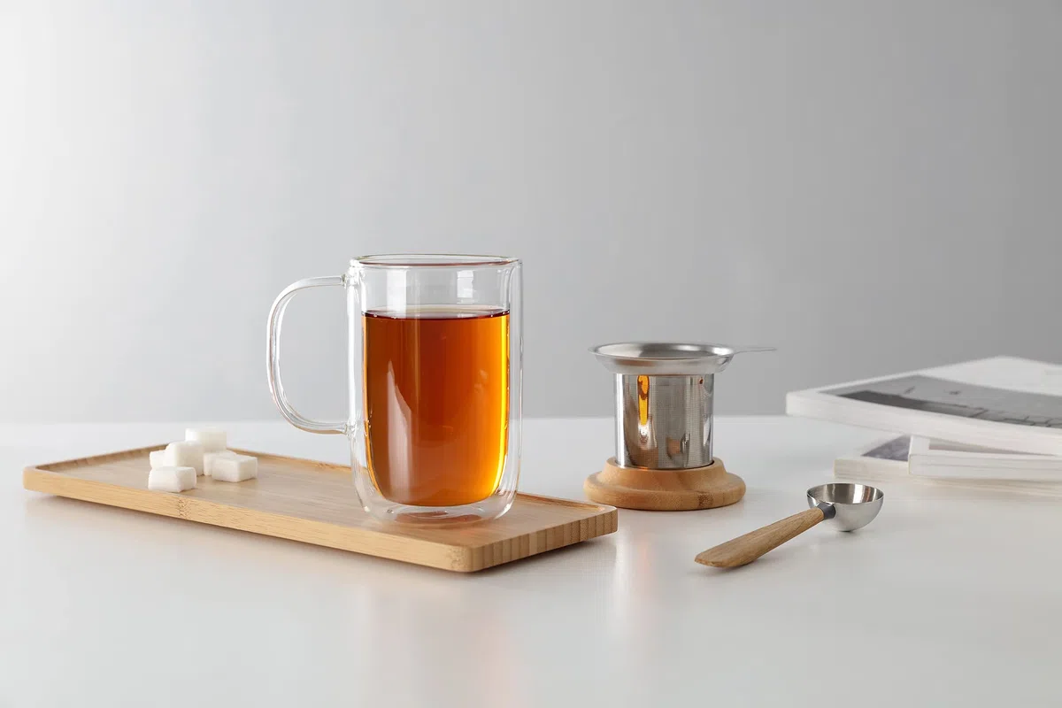 Tazza da tè in vetro borosilicato con coperchio in legno, tazza con infusore rimovibile in acciaio inox, tè sfuso, tè a foglia 0,5 l