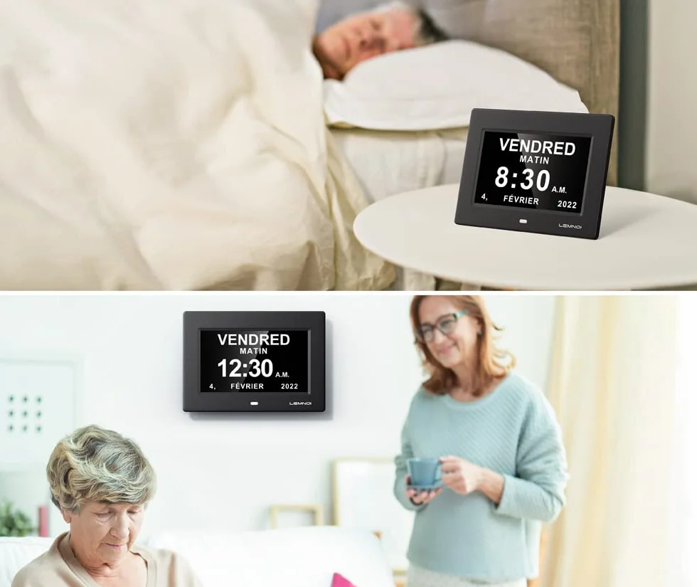 LEMNOI Orologio digitale da 7" pollici, con data, giorno e ora, orologio non dimmerato, 8 lingue, HD, visualizzazione promemoria per persone anziane e bambini