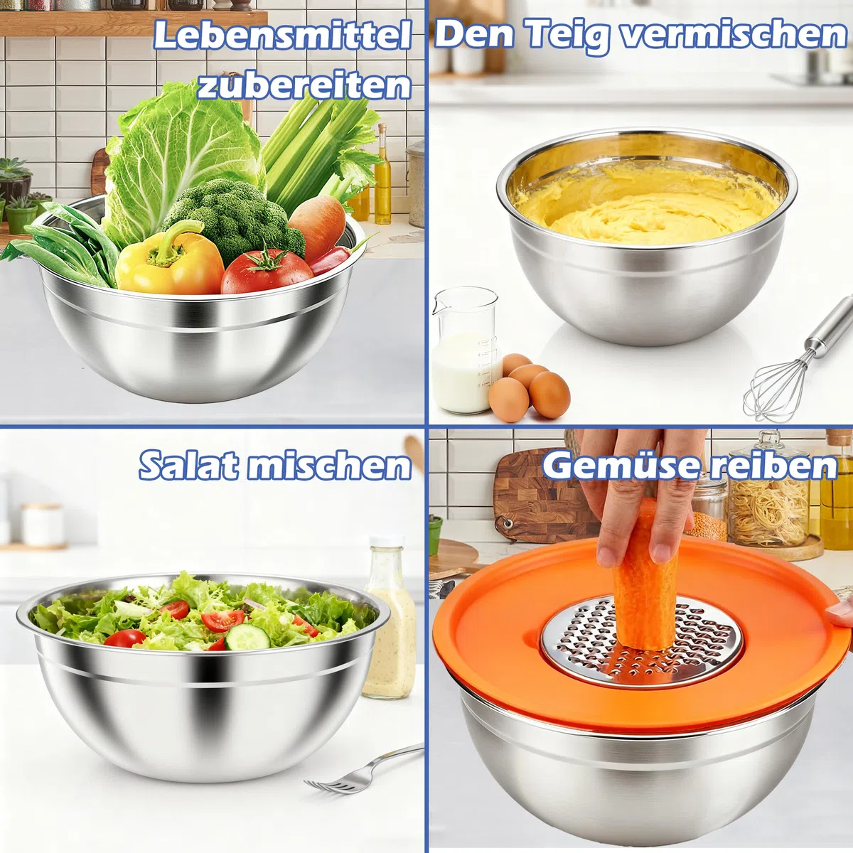 Pleafind Set di ciotole per mescolare 7 pezzi Ciotole annidabili in acciaio inossidabile con coperchi - con 3 accessori per grattugiare, capacità 4,5 QT, 4 QT, 3,5 QT, 2,1 QT, 1,5 QT, 1,1 QT, 0,7 QT