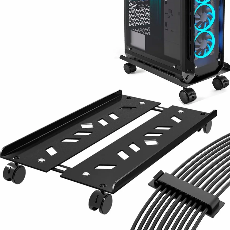 Supporto per PC Case Stand, Supporto per PC Case con 4 Rotelle, Regolabile Computer CPU Holder con Autoadesivo Clip Cavo, Adatto alla Maggior Parte dei Computer, Nero