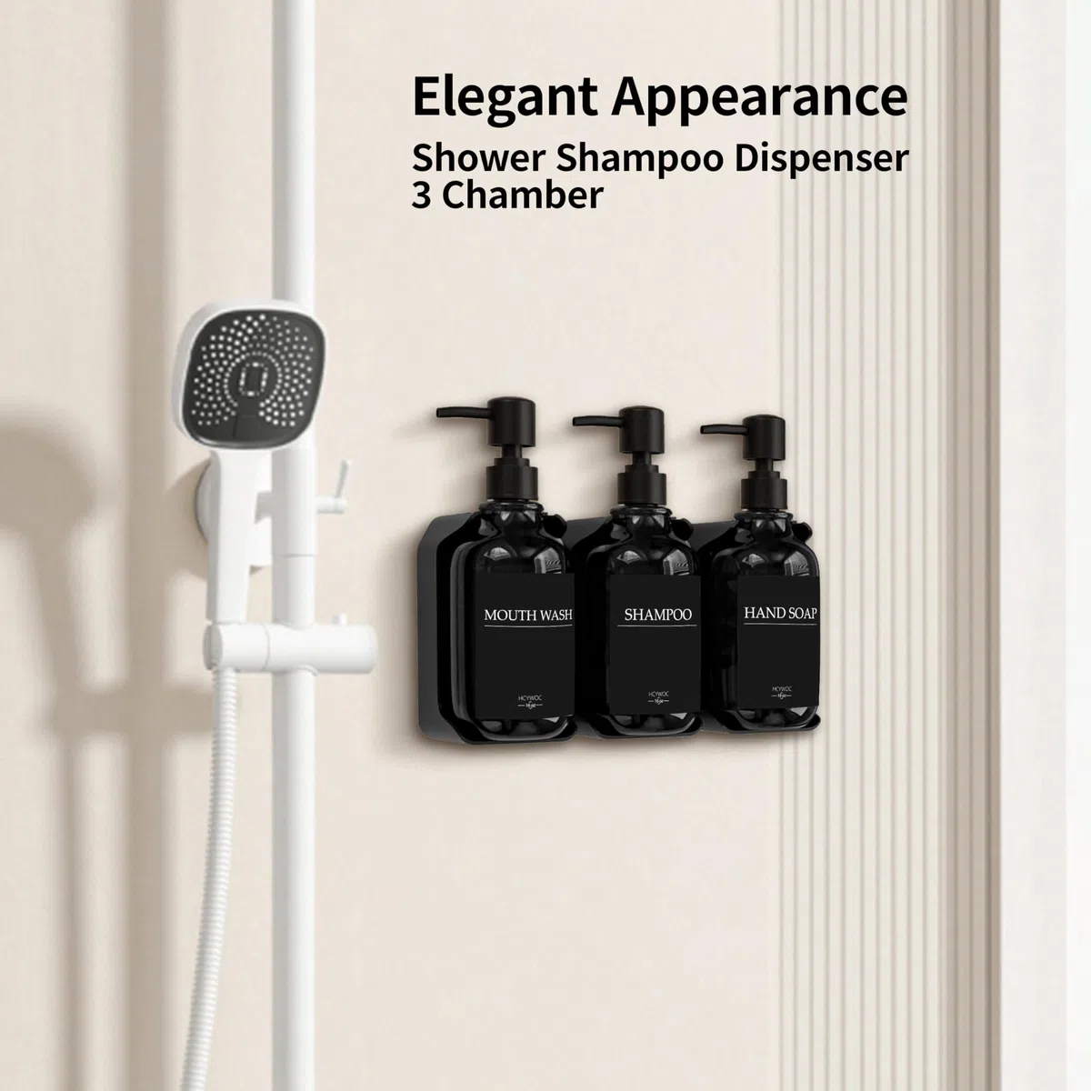 Dispenser per shampoo e balsamo, dispenser di sapone da doccia con 16 etichette impermeabili, dispenser per shampoo per parete doccia, dispenser per doccia a 3 camere senza trapano, 500 ml,