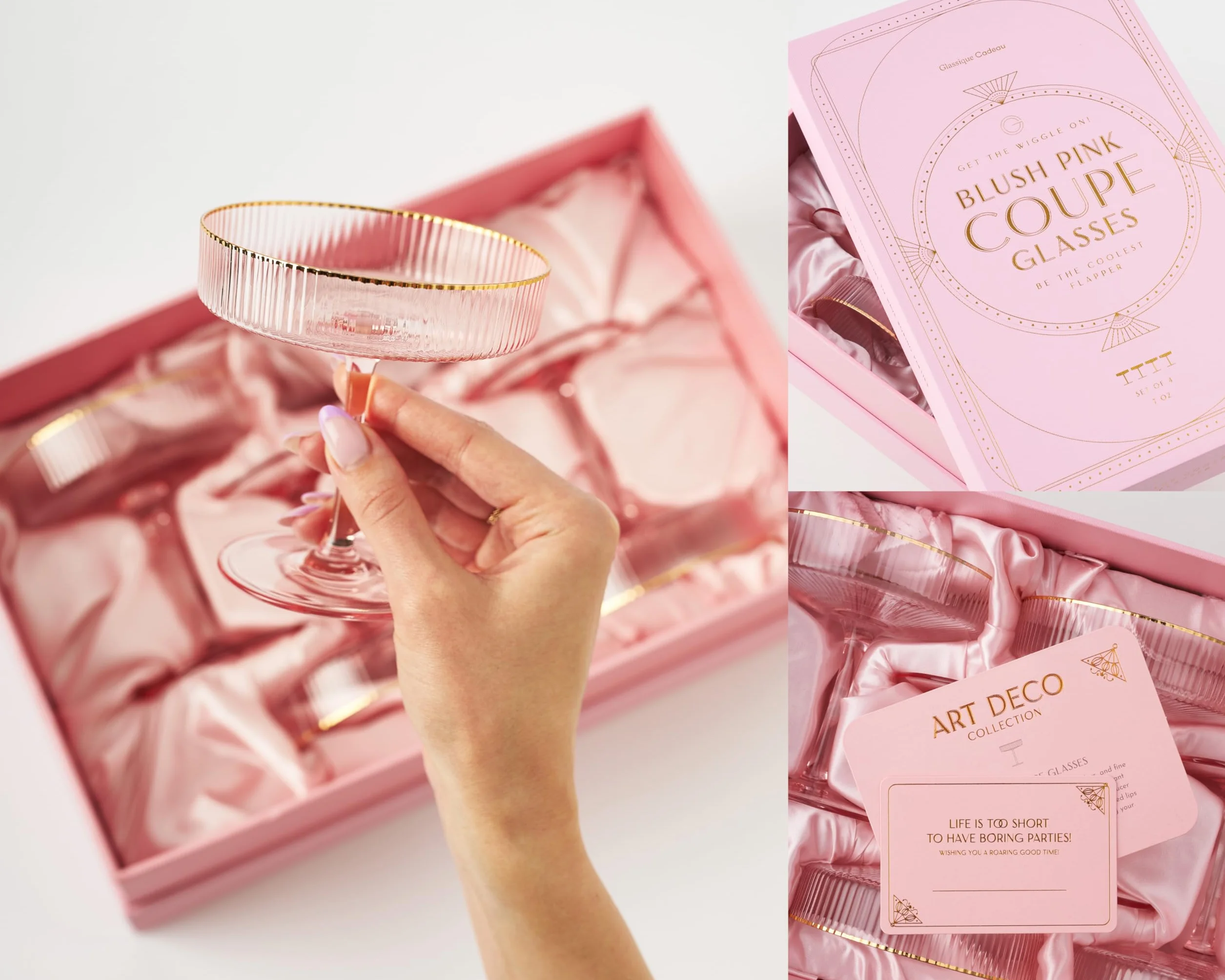 Set di bicchieri da cocktail vintage in stile Art Deco con nervature in delicato rosa con bordo dorato | Set di 4 | Bicchieri da 200 ml per cocktail di champagne, espresso martini, cosmopolitan
