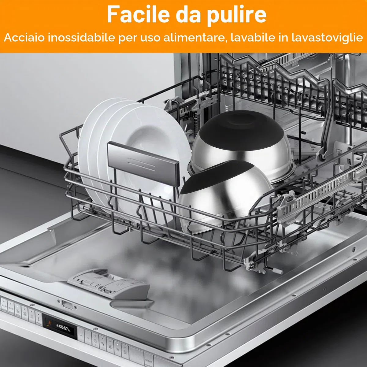KUOGAS Set di 5 Insalatiera con Coperchio,Ciotole Cucina,3 Accessori per Grattugia, Grande Ciotole Acciaio Inox Cucina, Impilabile, Paraspruzzi, Lavabile in Lavastoviglie