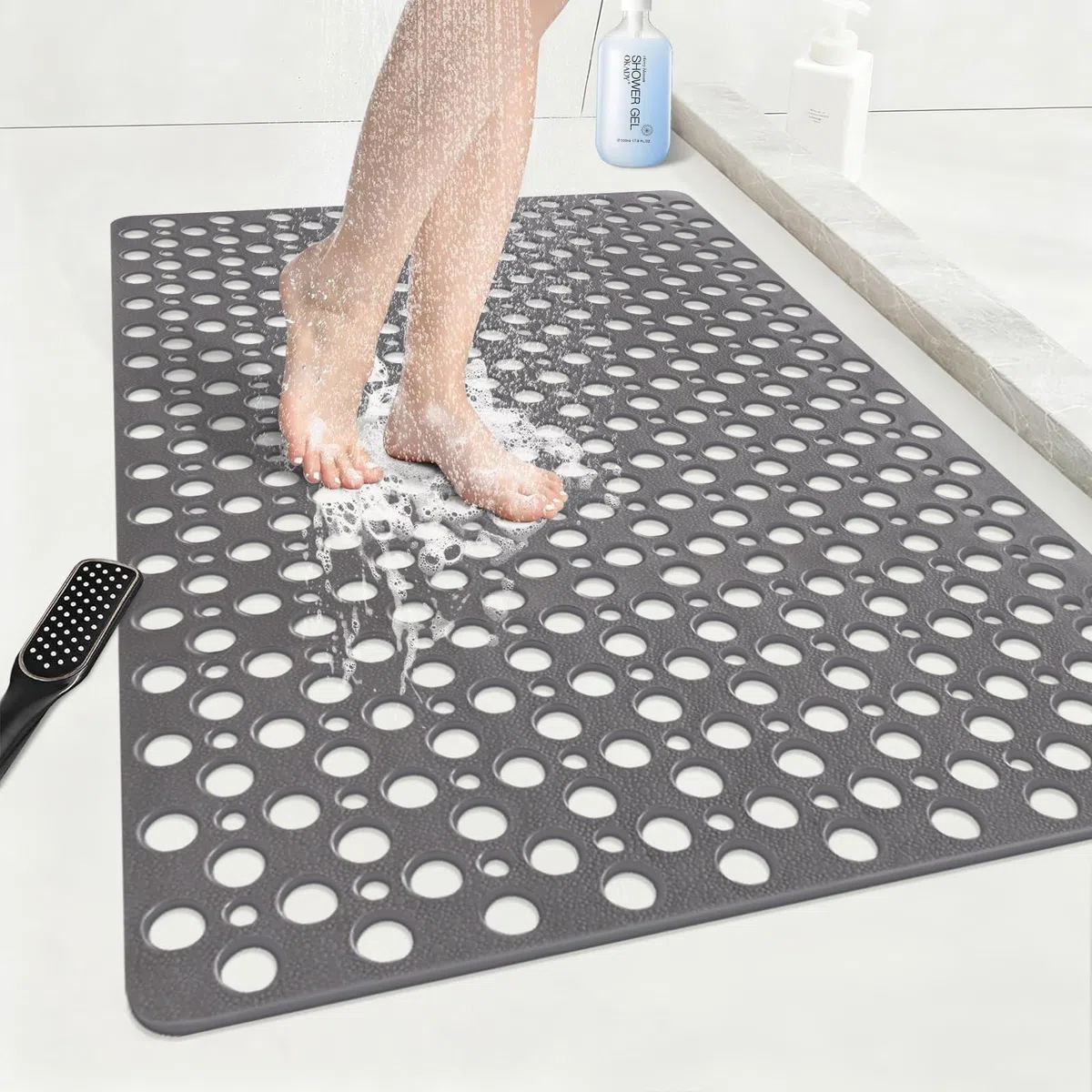 Tappetino da doccia antiscivolo 60 x 90 cm – Tappetino antiscivolo per la doccia in morbido materiale TPE con ventose e grandi fori di drenaggio, asciugatura rapida e lavabile in lavatrice