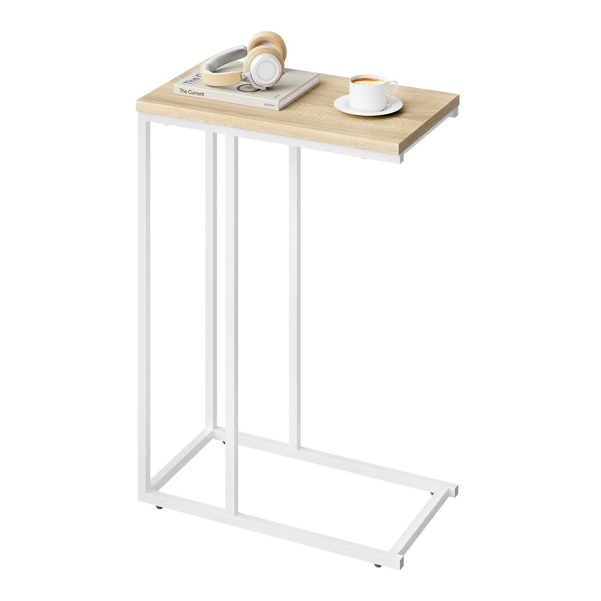 WOLTU Tavolino a Forma di C, Tavolino Compatto con Struttura in Metallo e Piano in Legno Ingegnerizzato, per Divano/Letto/Soggiorno/Camera da Letto, L45xP25xH63,5cm, Rovere chiaro+bianco