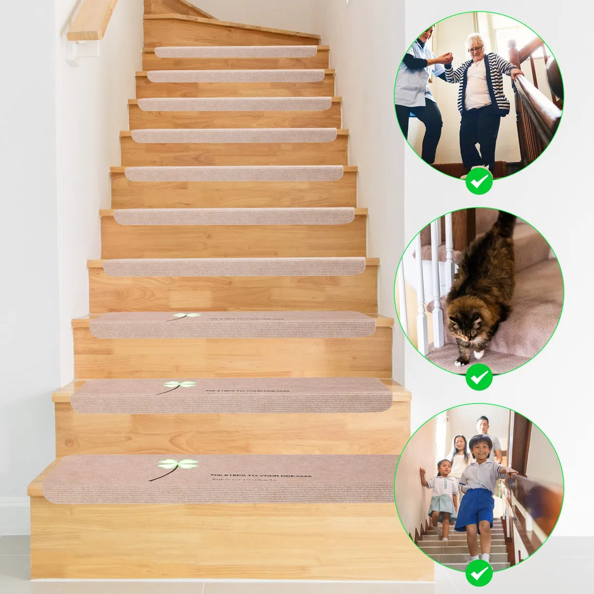 15Pcs Tappeti per Scale 22 x 55 cm, Tappetino per Scale, Tappetino Antiscivolo e Autoadesivo, Protezione per Interni, Luminoso tappetini Antiscivolo per Scale per Bambini, Anziani e Animali Domestici