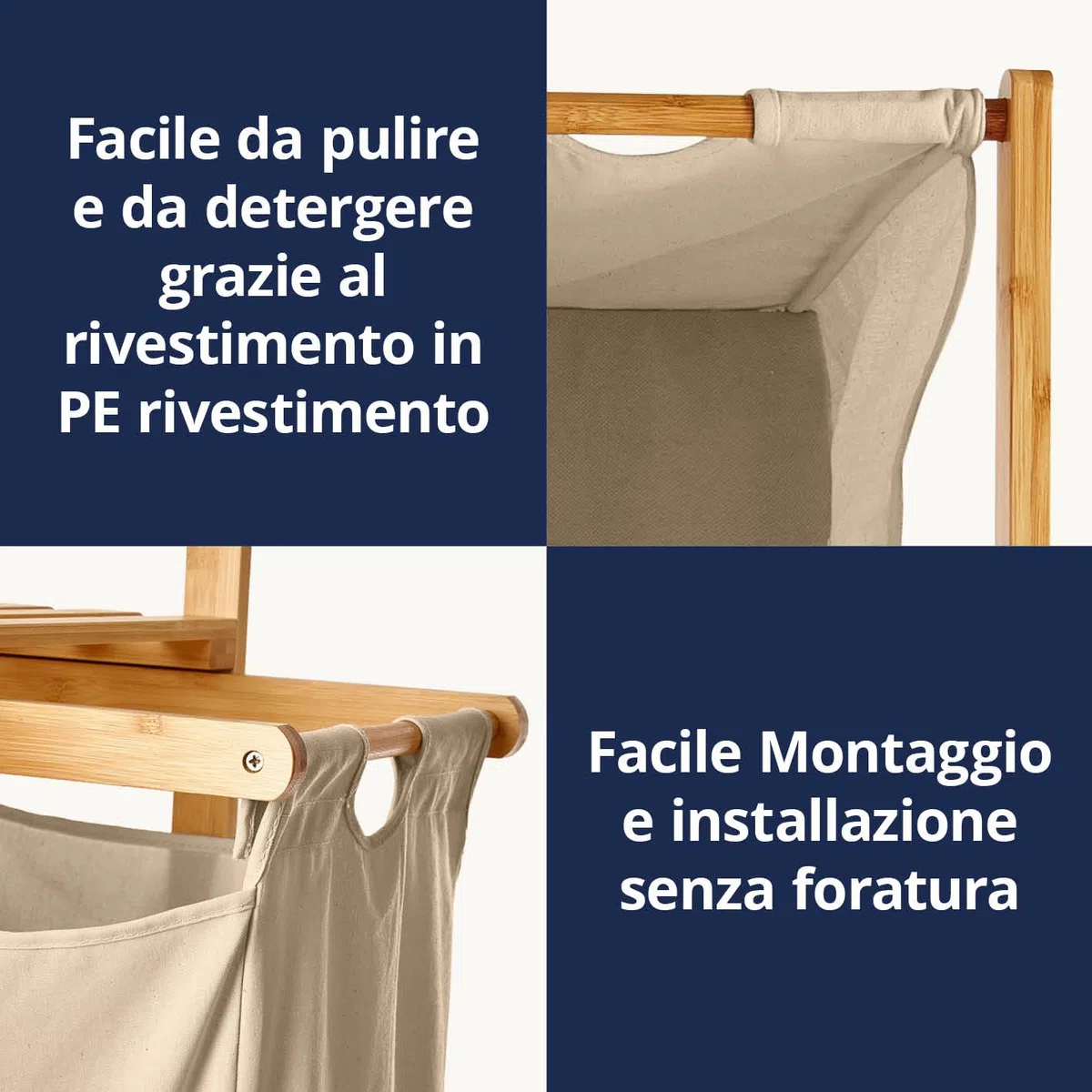 Lumaland - Cesto portabiancheria in bambù con sacco estraibile, materiale di facile manutenzione, resistente all'umidità e facile da pulire, 73 x 33 x 33 cm