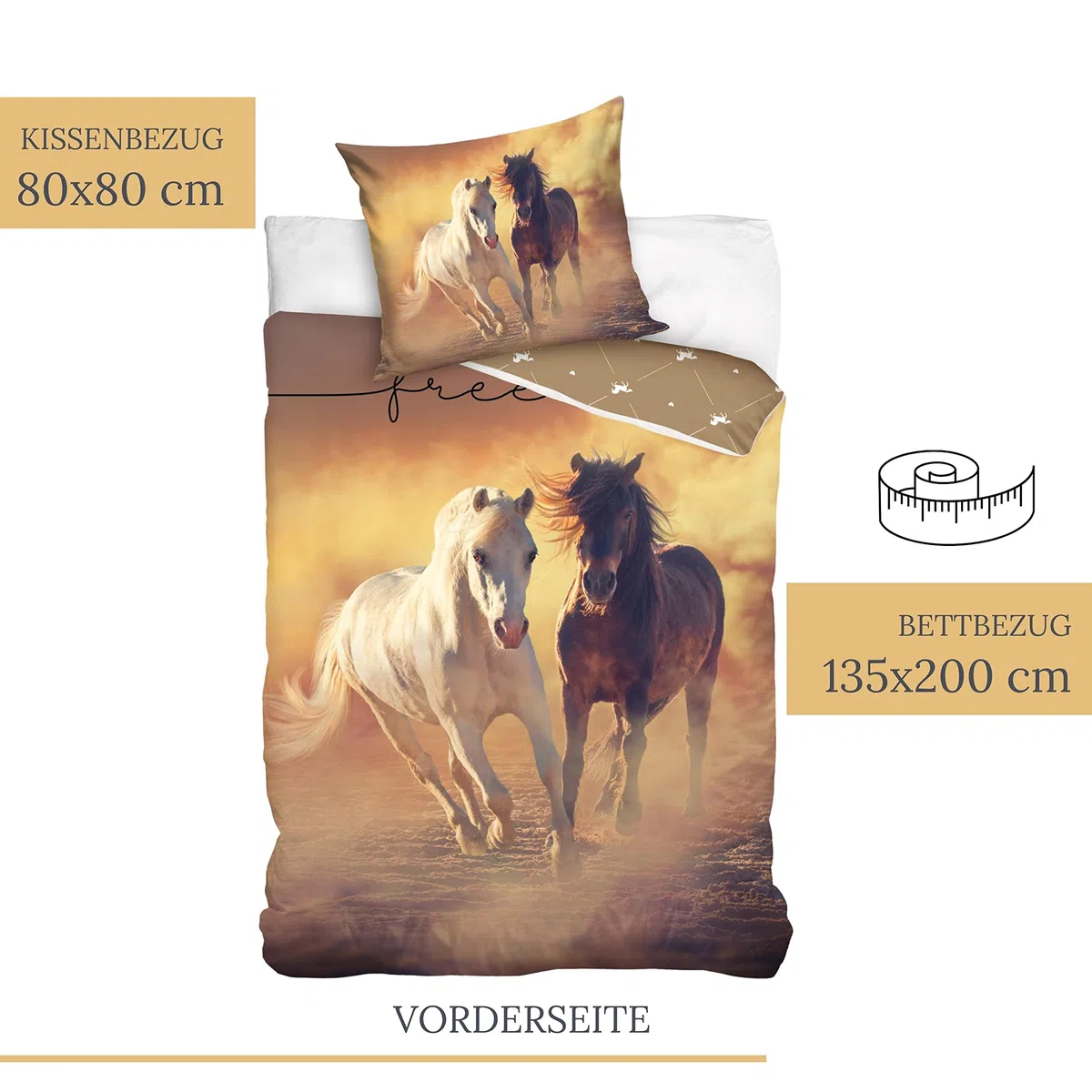 Set di biancheria da letto con cavalli, 135 x 200 cm, con motivo di cavalli, federa 80 x 80 cm, copripiumino 135 x 200 cm, 100% cotone