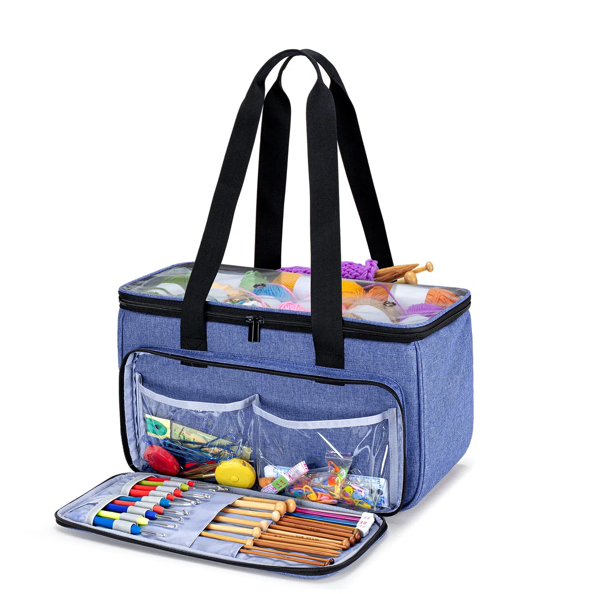 Yarwo Borsa per Lavoro a Maglia e Uncinetto, Borse da Trasporto per Lana Gomitolo e Ferri da Maglia, con Tasca per Progetti Incompiuti, Blu(SOLO BORSA)