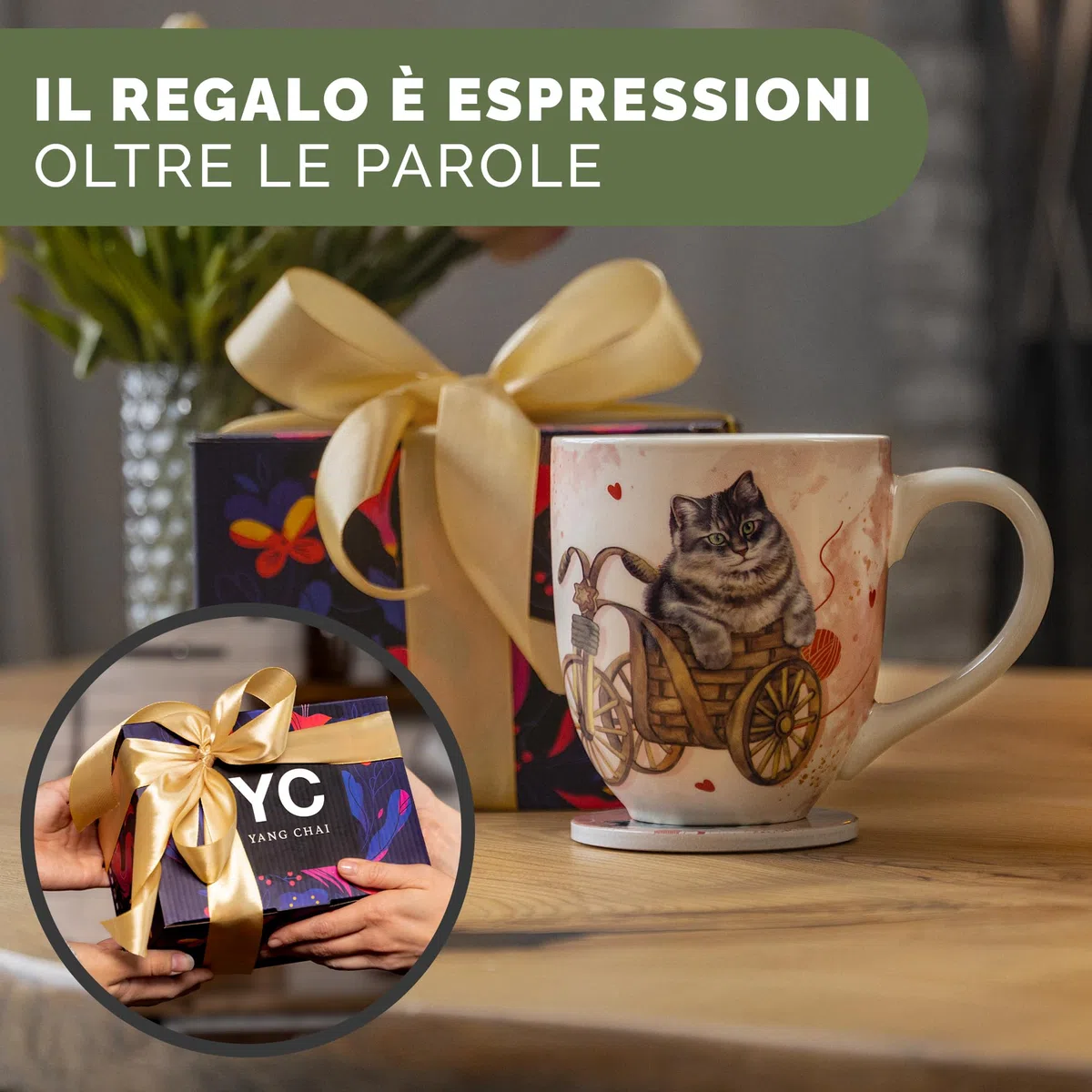 YC YANG CHAI Jumbotazza 900 ml - Tazze da Tè in Porcellana di Ossa - Set XXL con Sottobicchiere - Mug Grande, Tazza Colazione - YC CatiCat