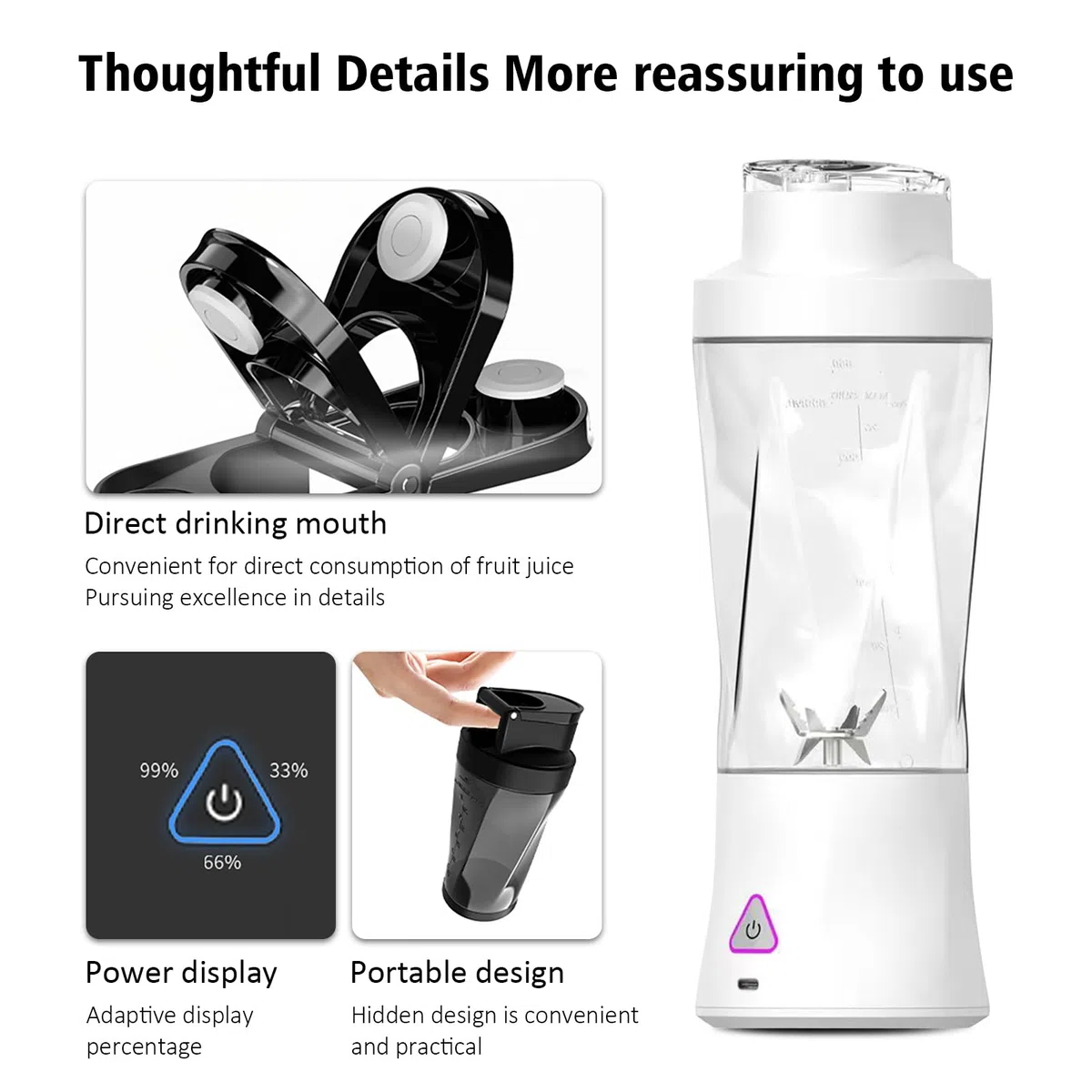 Mini Frullatore Portatile, 700 ml Frullatore Elettrico, USB Ricaricabile, Smoothie Maker con 6 Lame, Fresh Juice Frullatore, per Smoothie, Frullati di Frutta e Verdura(6000 mAh, Bianco)
