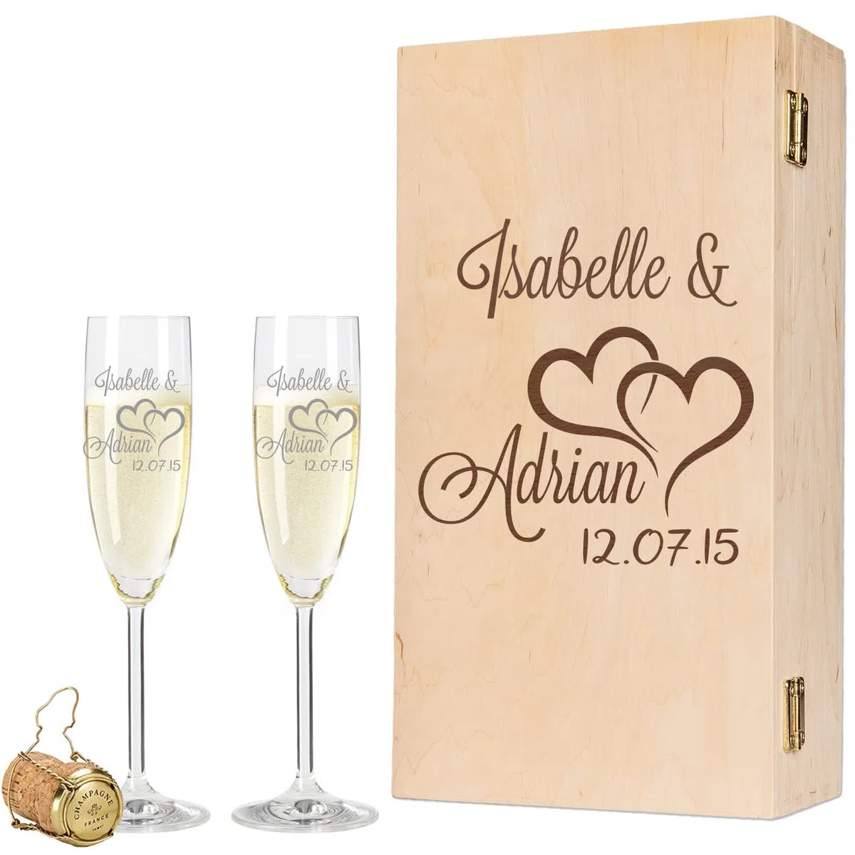 Leonardo - Calici per lo spumante, con incisione (personalizzabile), adatti come regalo per matrimonio, fidanzamento o anniversario, con scatola di legno vintage